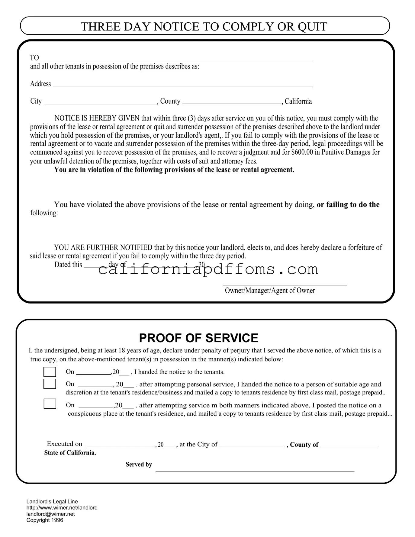 Fill in Your 3 Day Quit Notice California Template