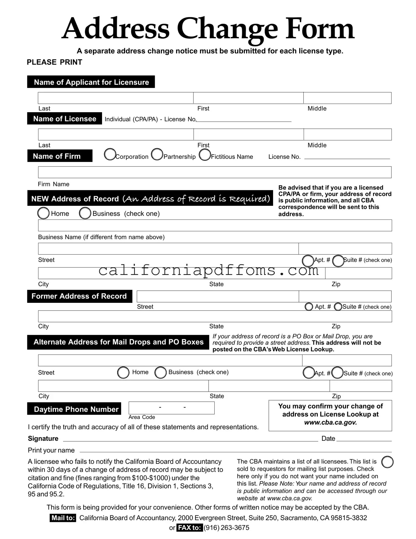 Fill in Your Address Change California Template