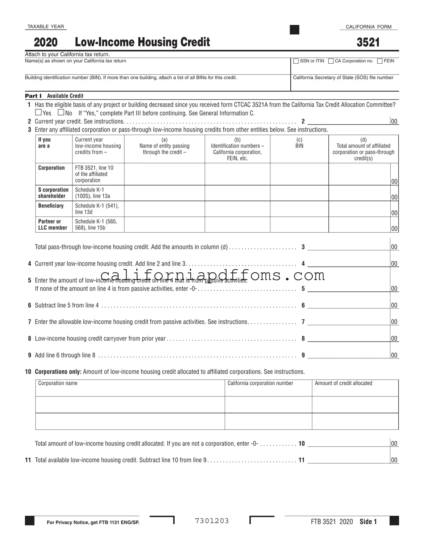 Fill in Your California 3521 Template