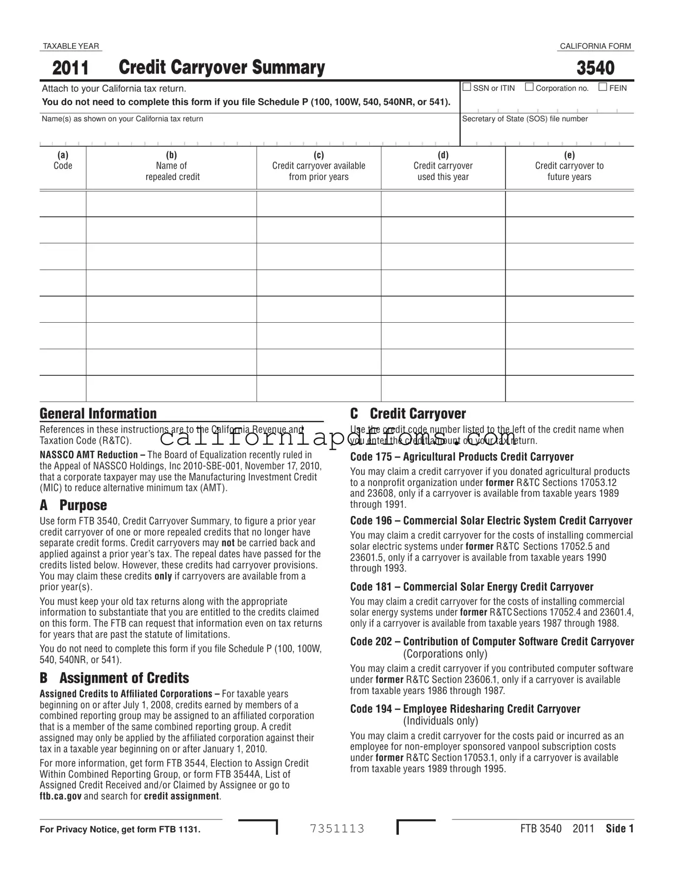 Fill in Your California 3540 Template