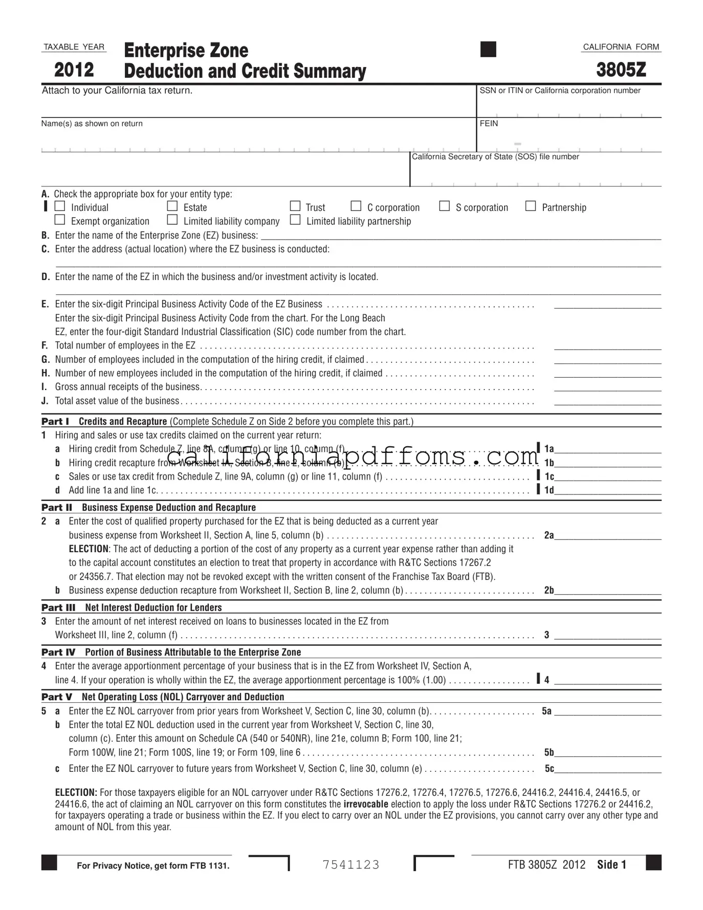 Fill in Your California 3805Z Template