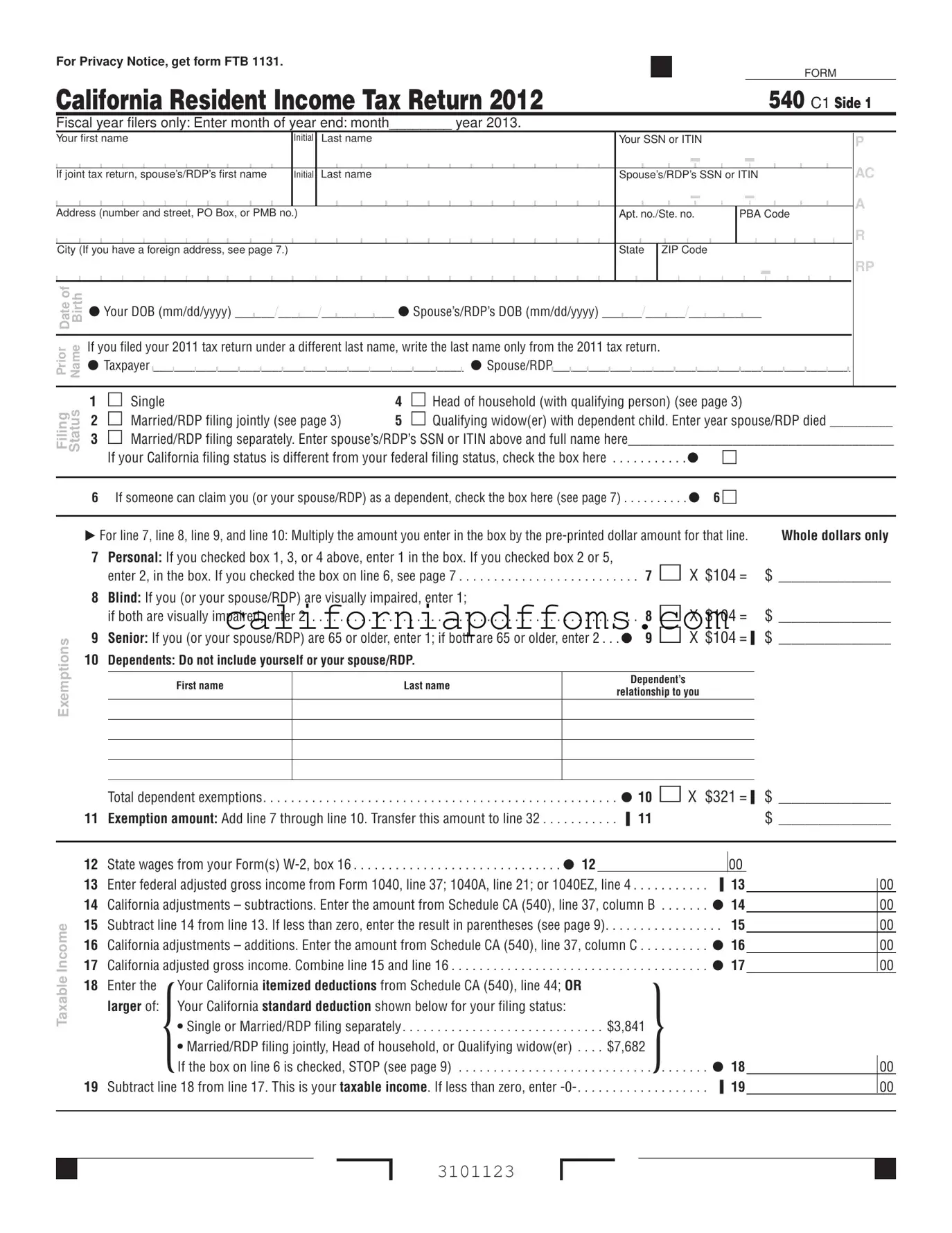 Fill in Your California 540 C1 Template
