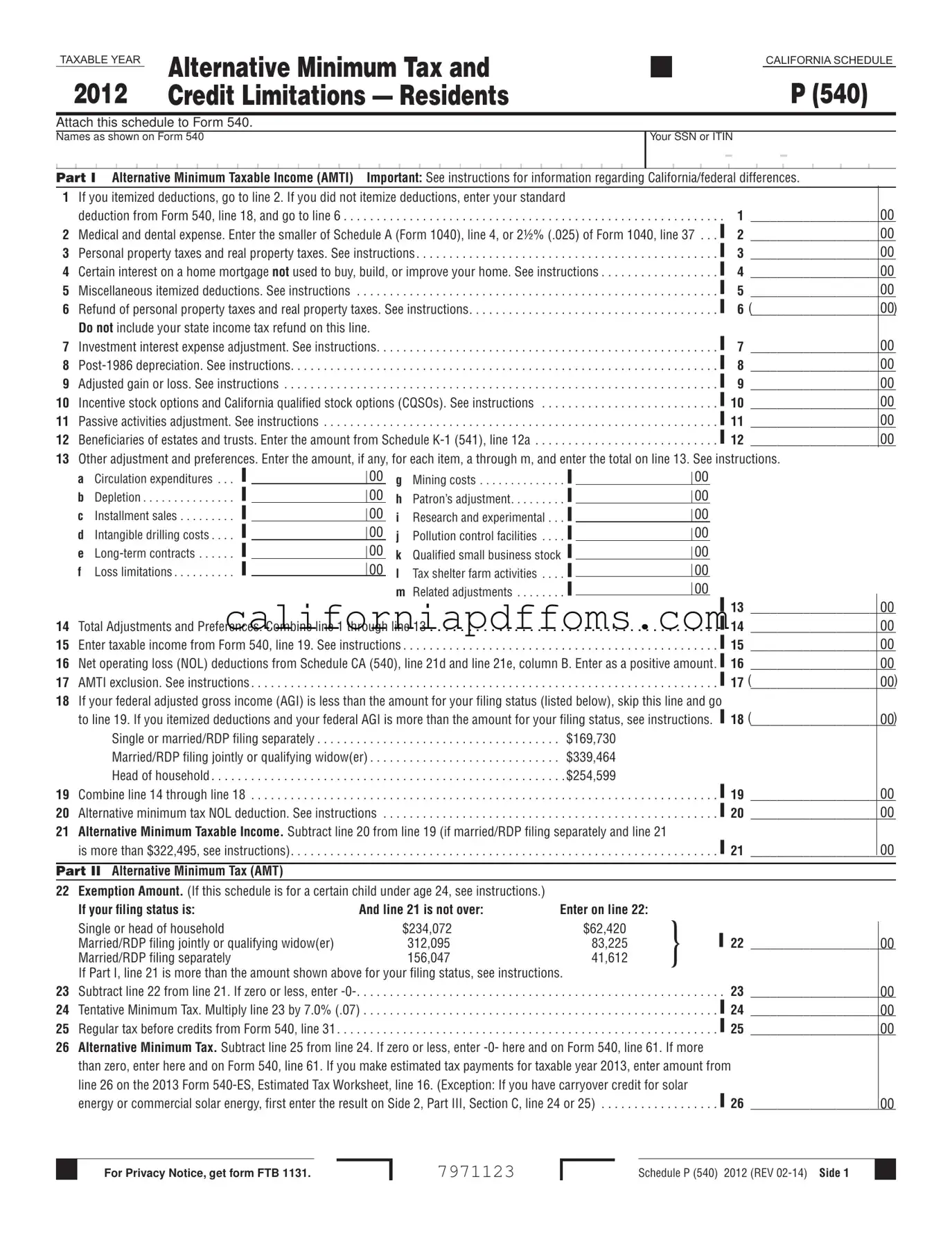 Fill in Your California 540 Schedule P Template