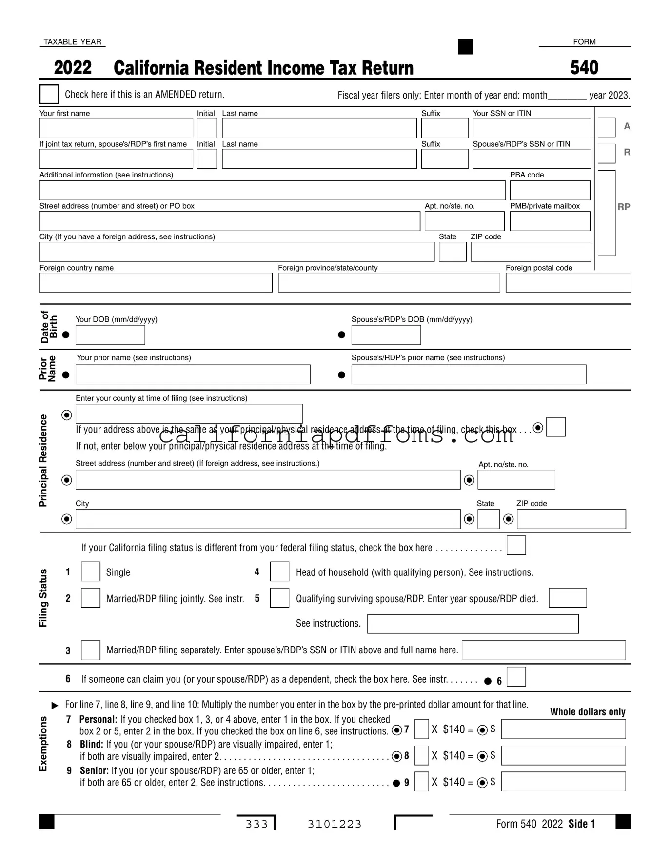 Fill in Your California 540 V Template
