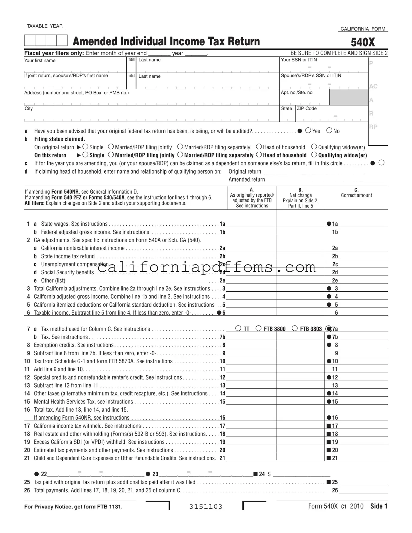 Fill in Your California 540X Template