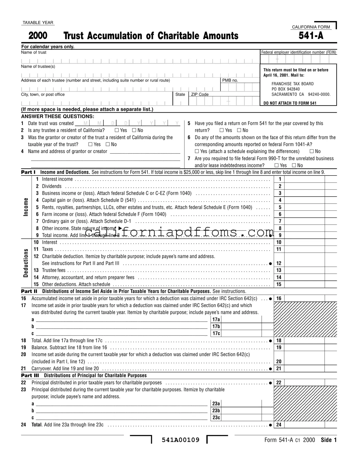 Fill in Your California 541 A Template