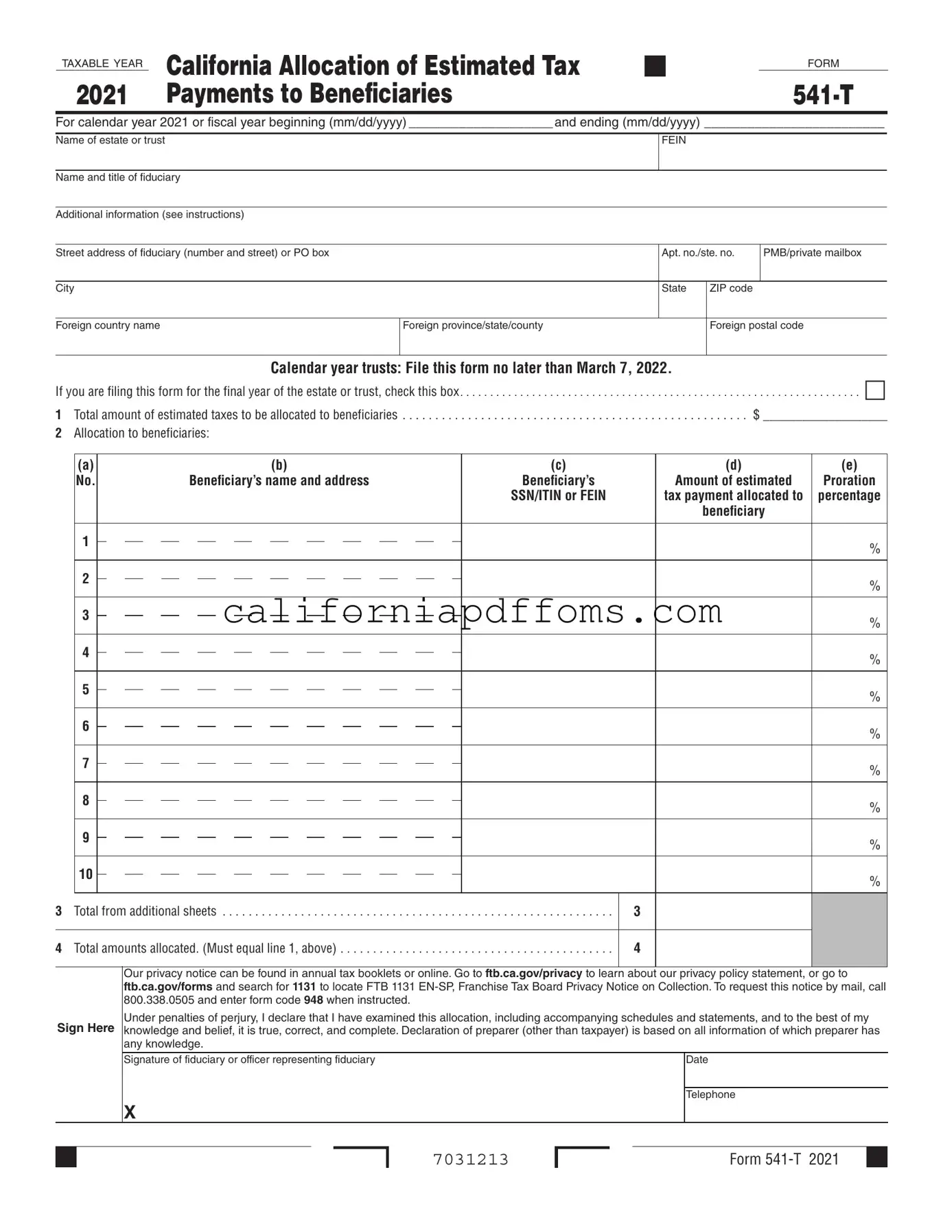 Fill in Your California 541 T Template