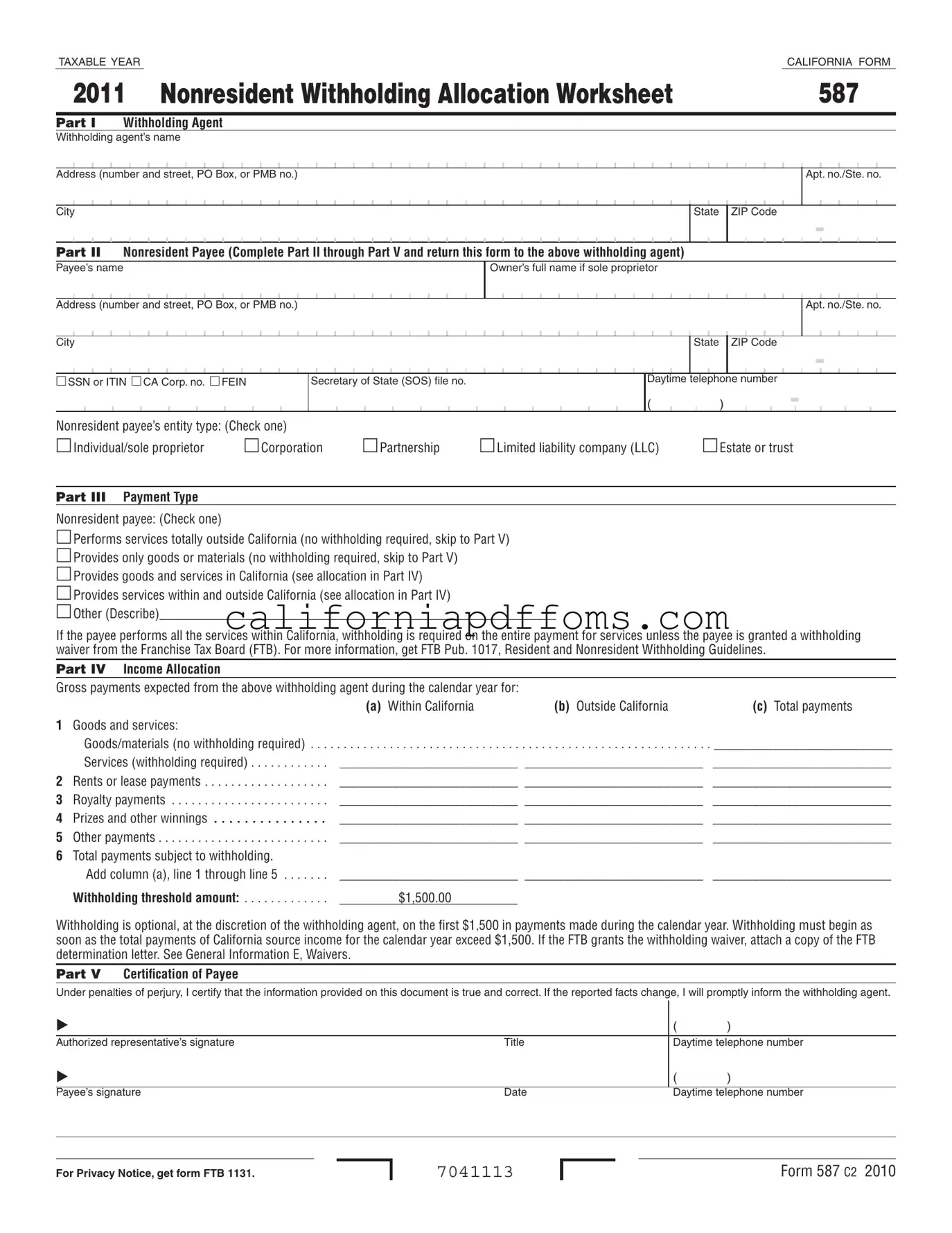 Fill in Your California 587 Template