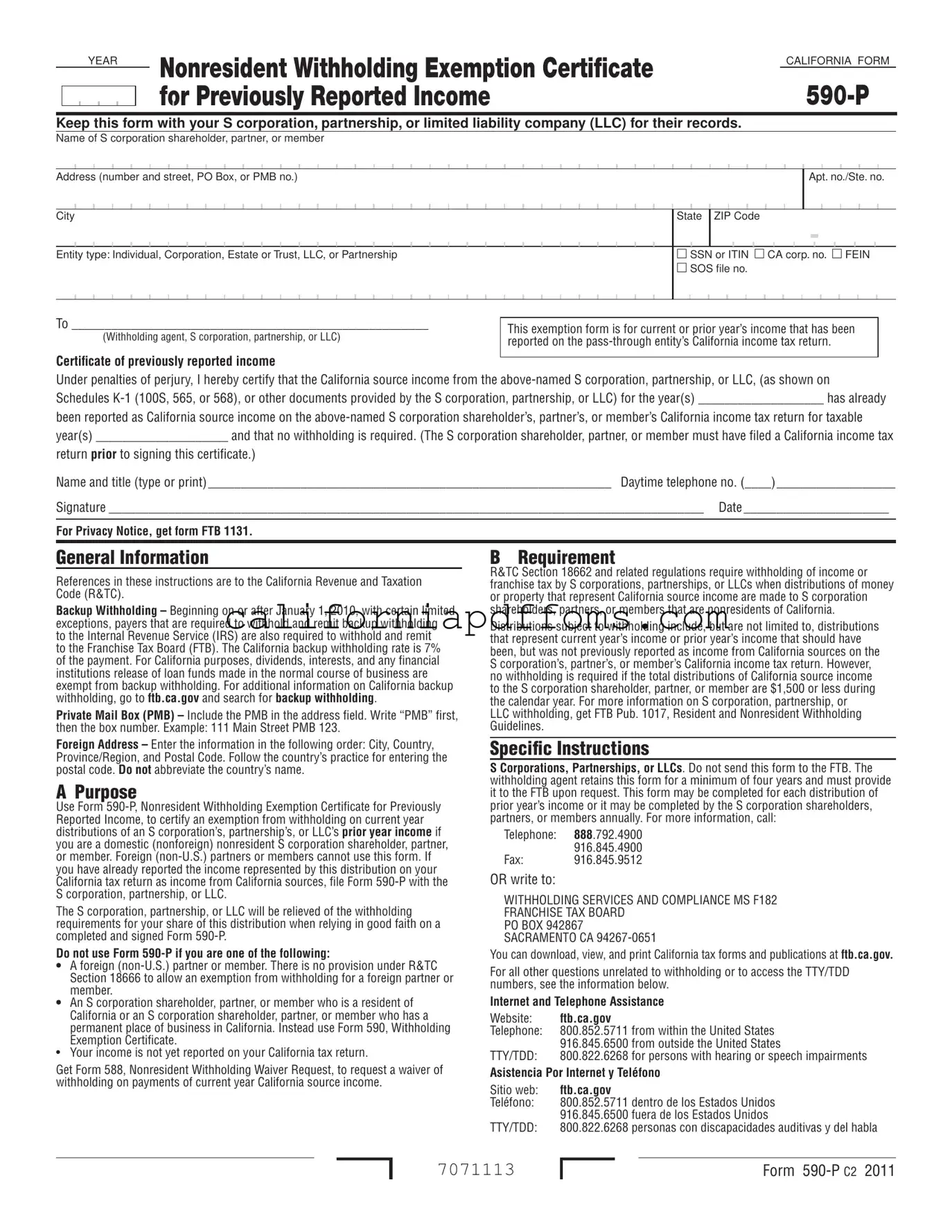Fill in Your California 590 P Template