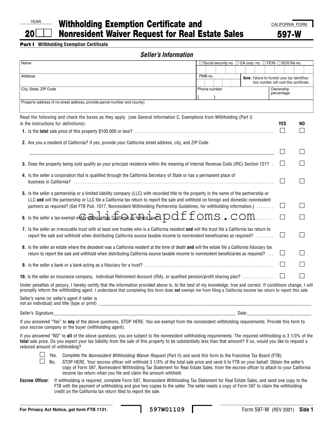 Fill in Your California 597 W Template