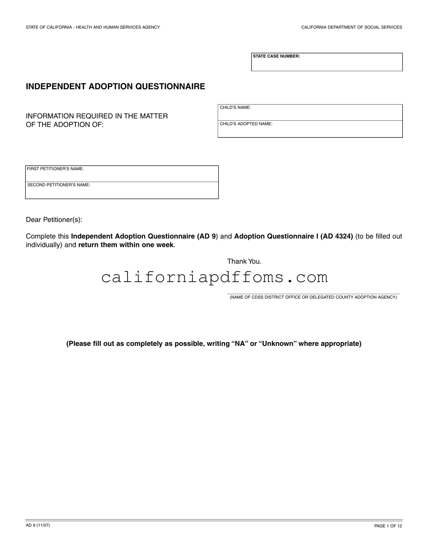 Fill in Your California Ad 9 Template
