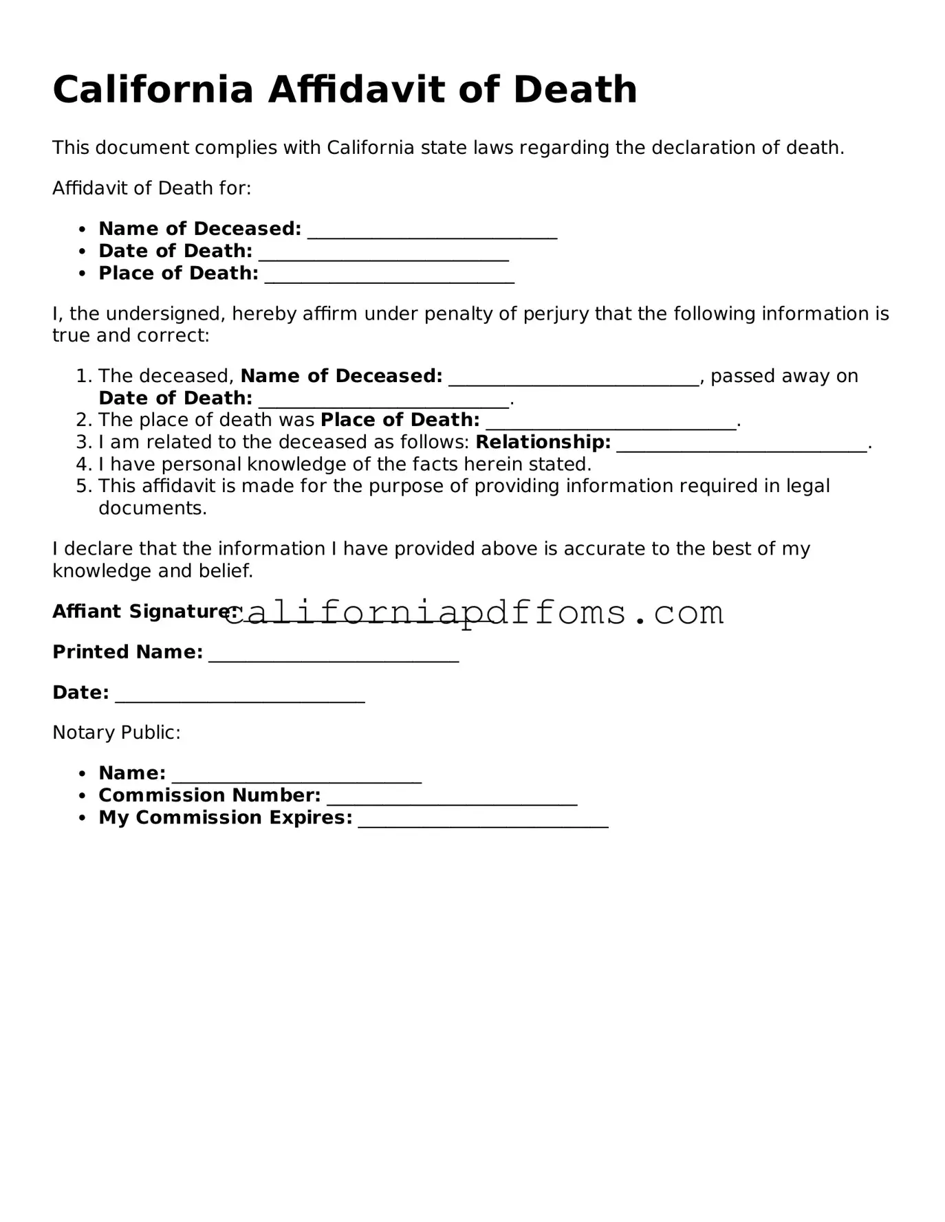 Blank  Affidavit of Death Form for California