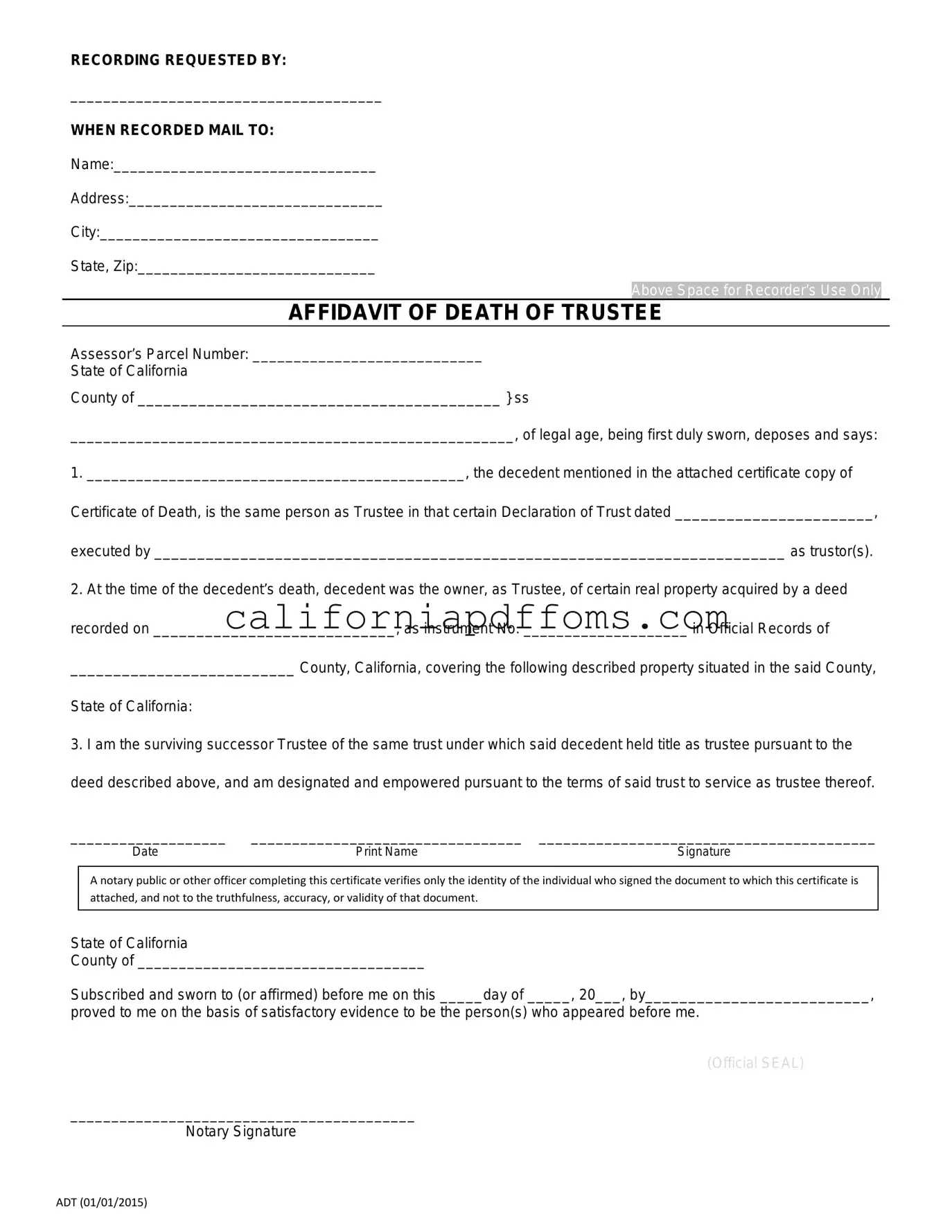 Fill in Your California Affidavit of Death of a Trustee Template