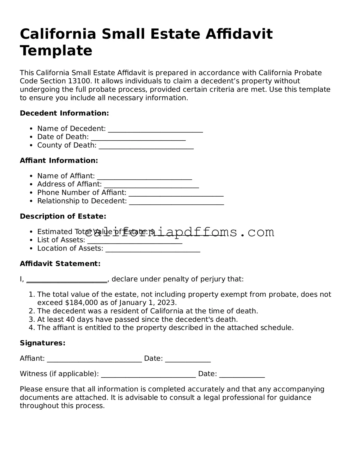 Blank  Small Estate Affidavit Form for California