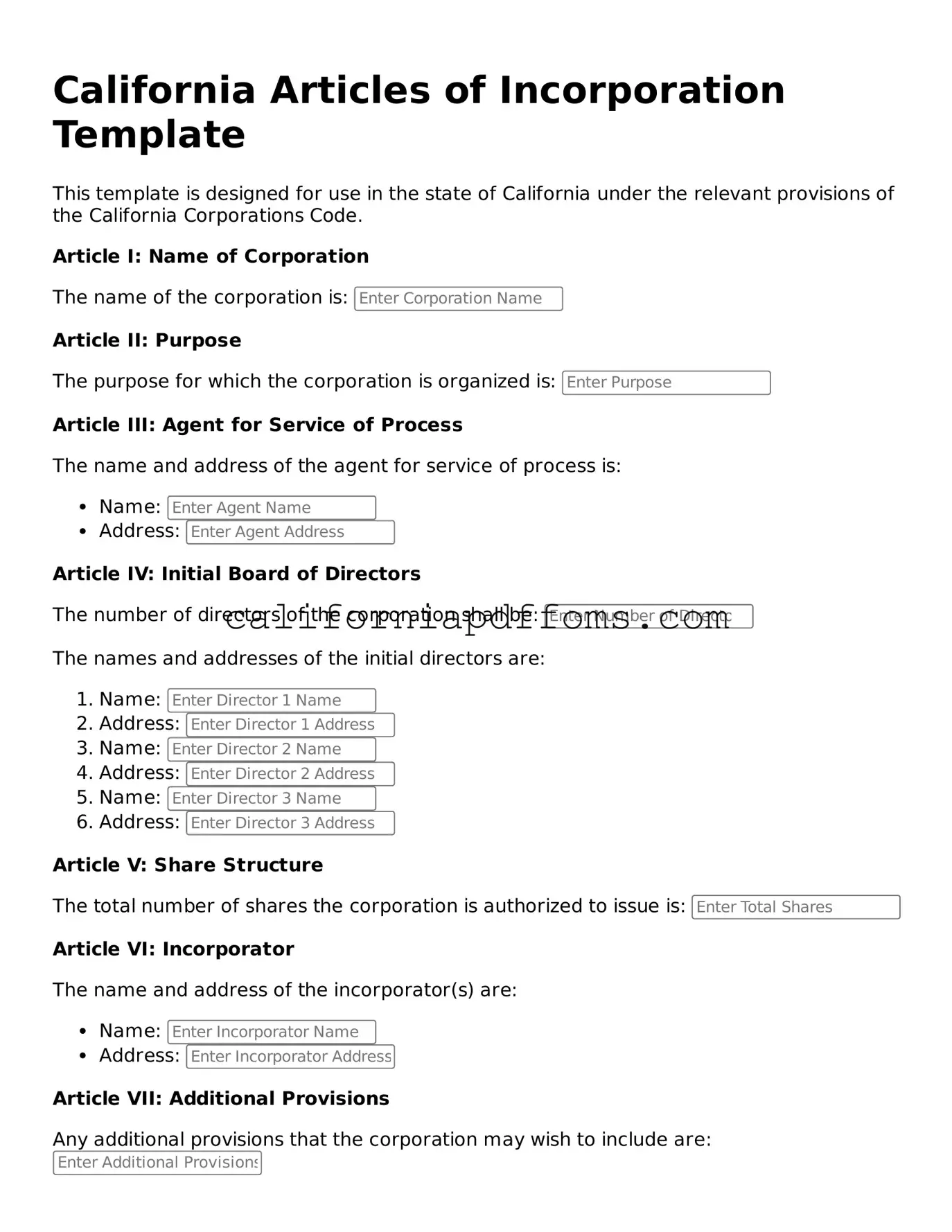 Blank Articles of Incorporation Form for California