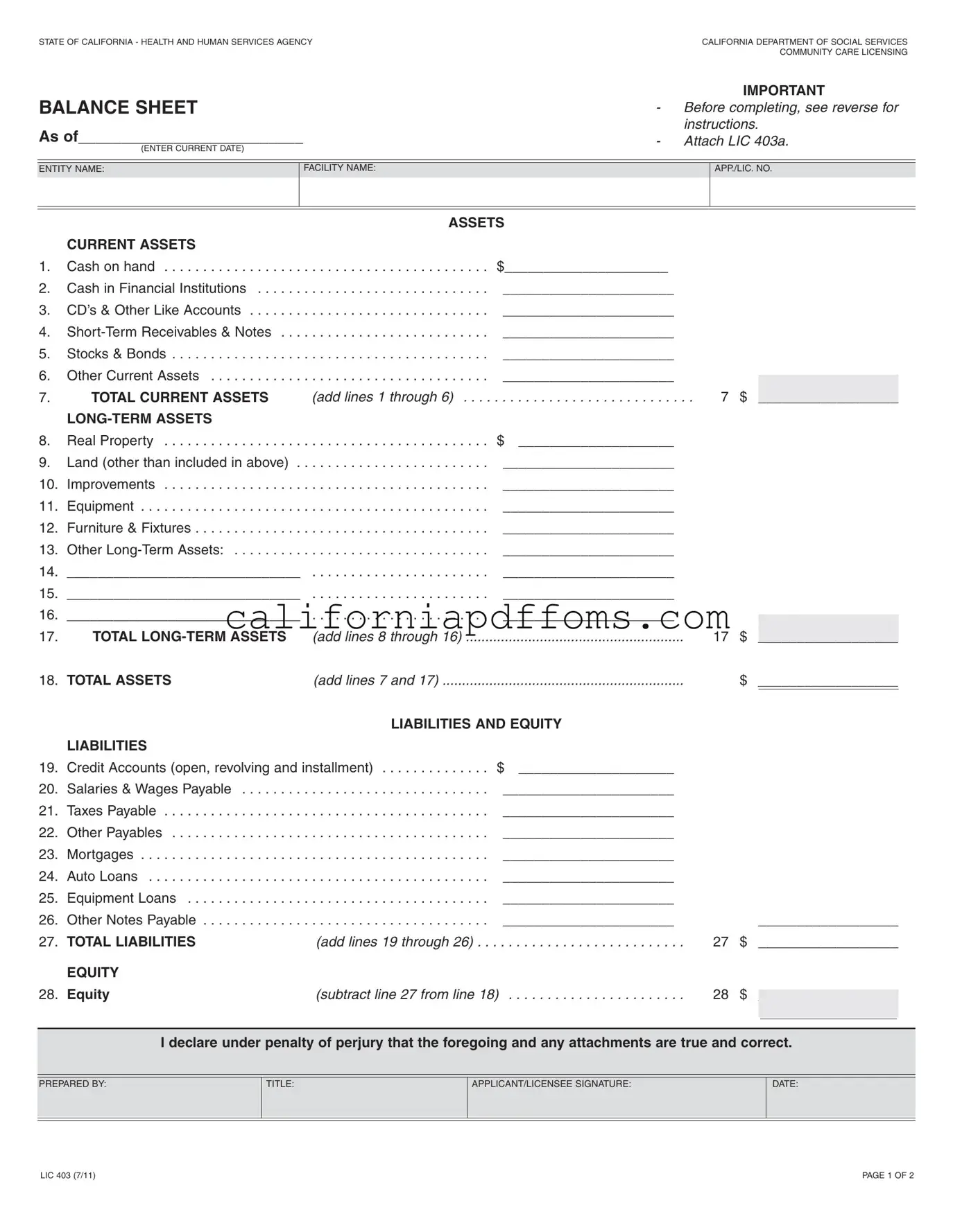 Fill in Your California Balance Sheet Template