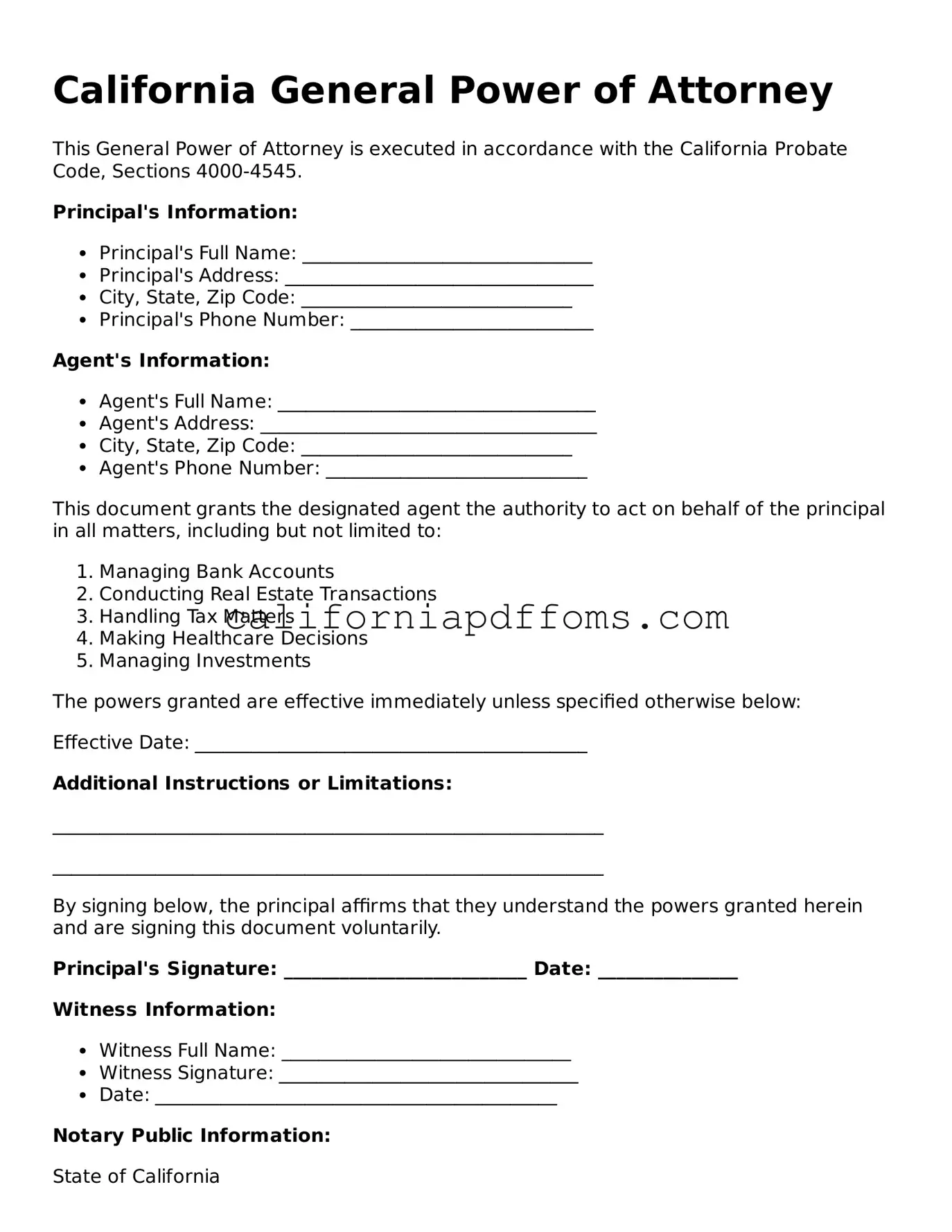 Blank General Power of Attorney Form for California