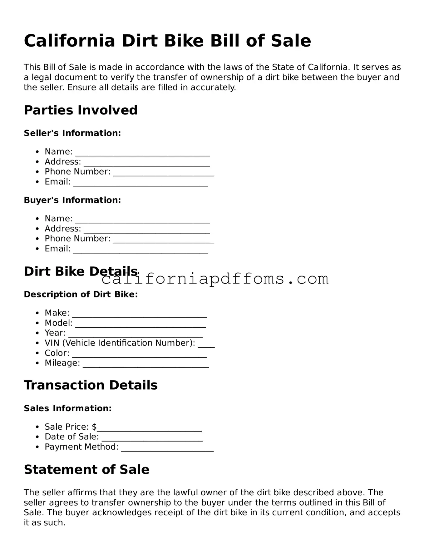 Blank Dirt Bike Bill of Sale Form for California