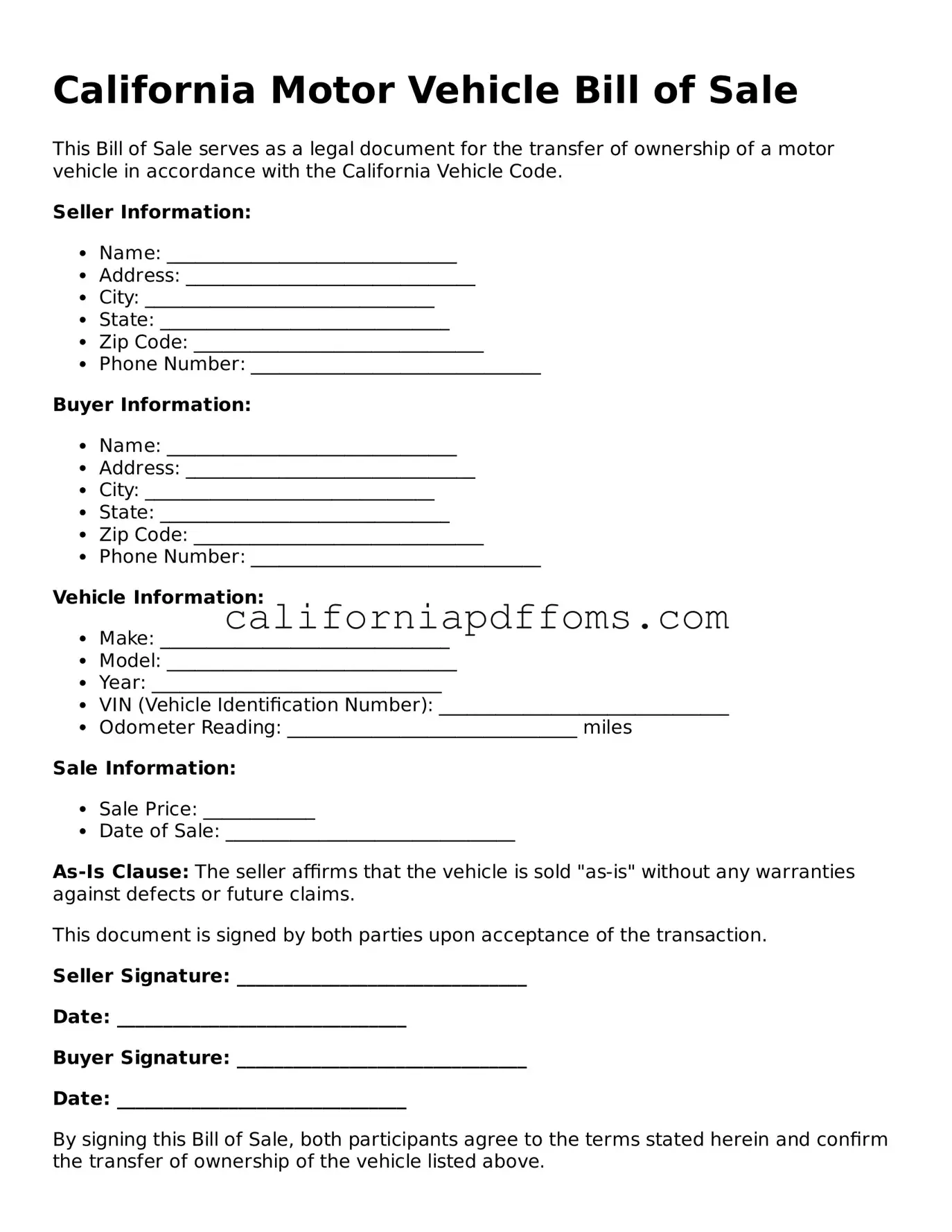 Blank Motor Vehicle Bill of Sale Form for California