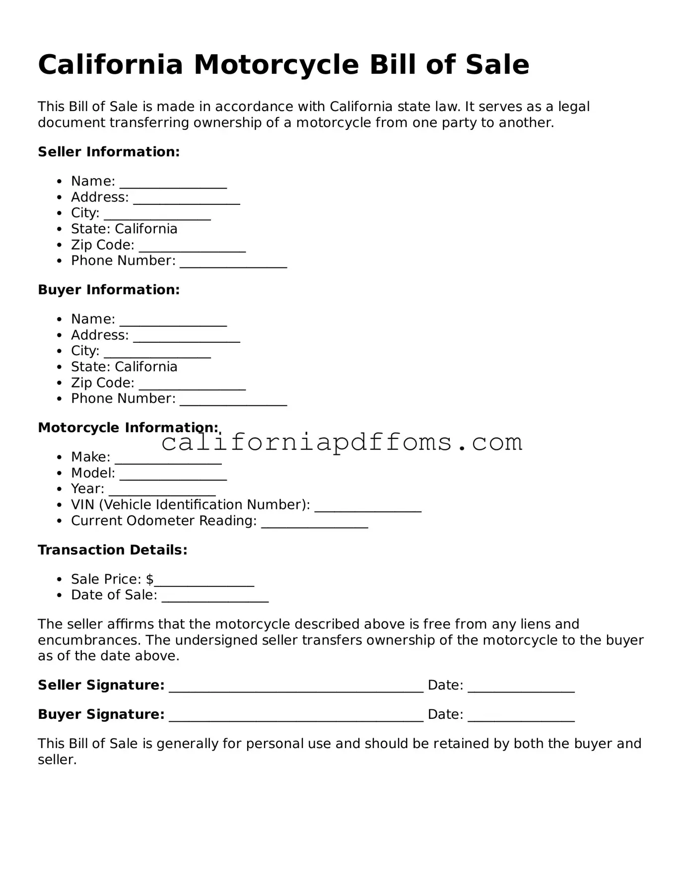 Blank Motorcycle Bill of Sale Form for California