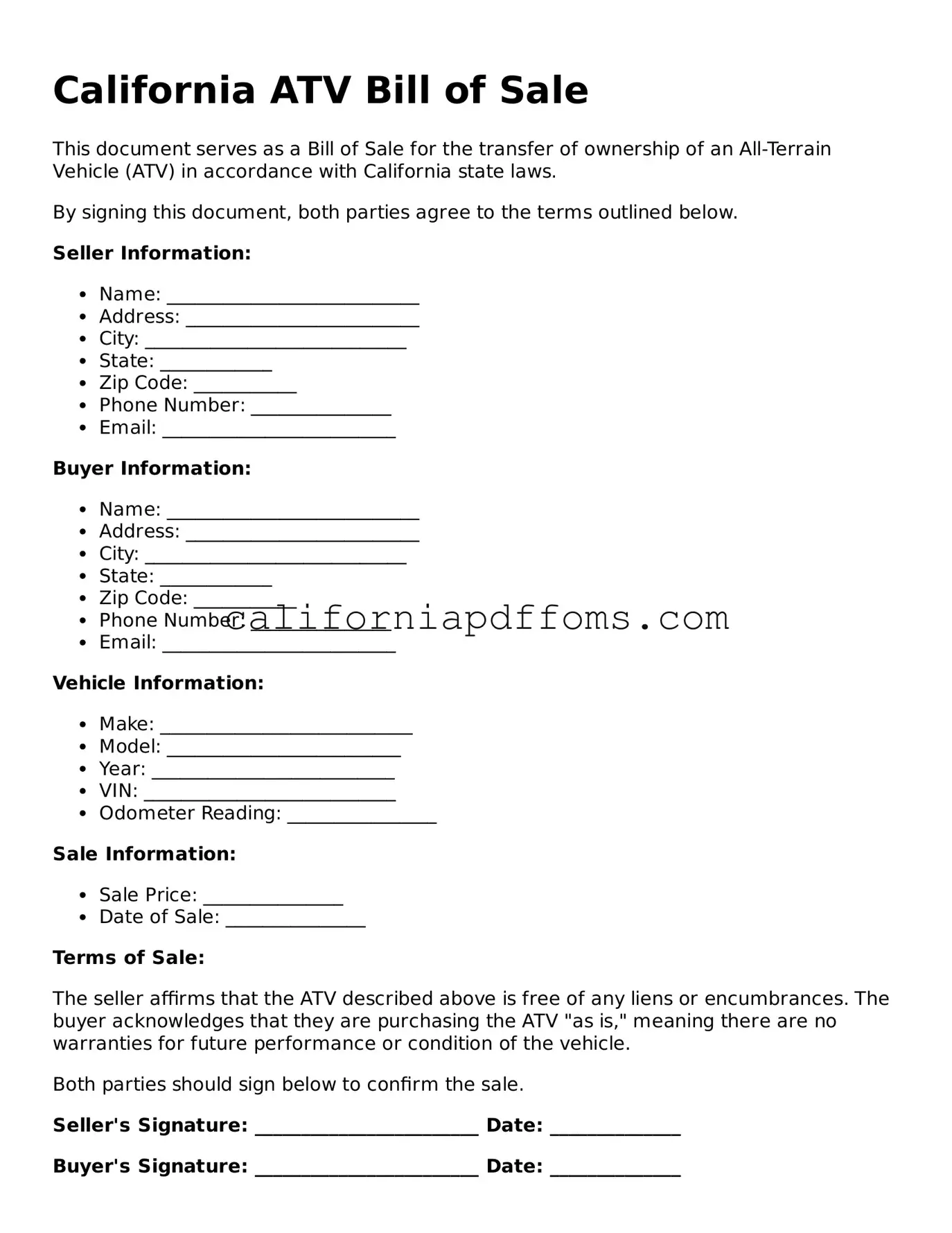 Blank ATV Bill of Sale Form for California