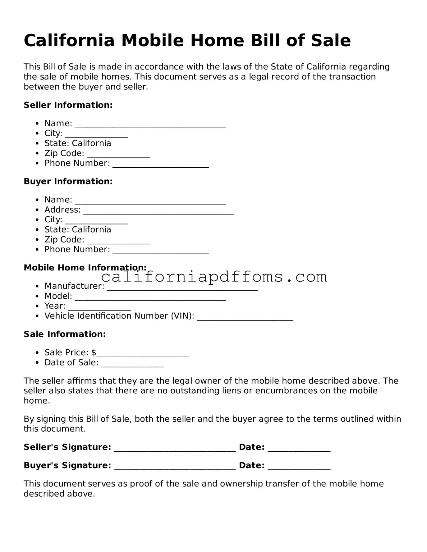 Blank Mobile Home Bill of Sale Form for California