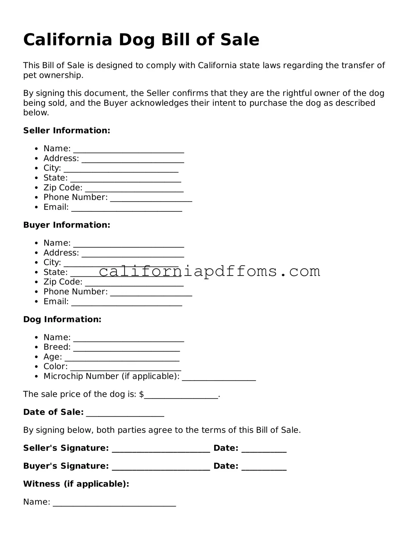 Blank Dog Bill of Sale Form for California