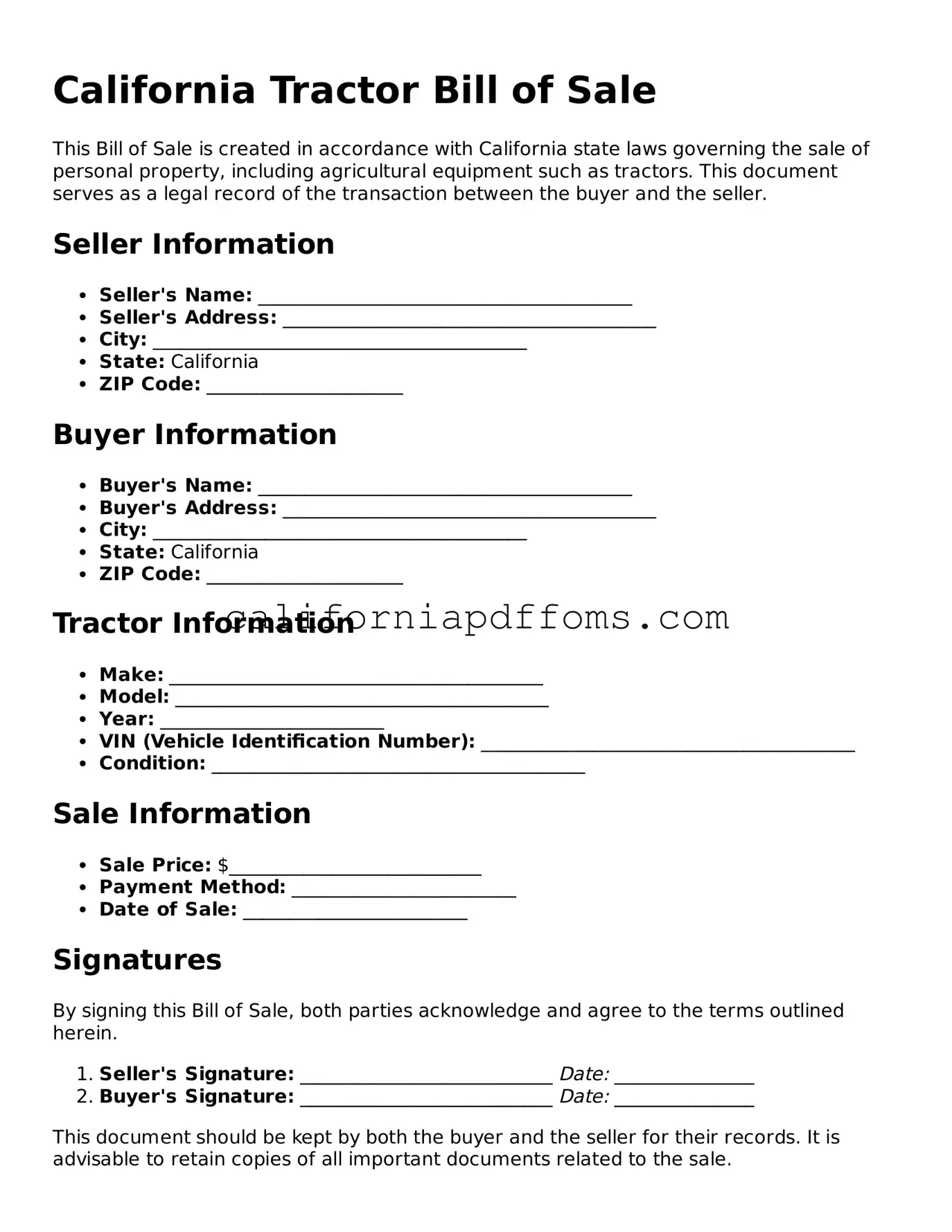 Blank  Tractor Bill of Sale Form for California