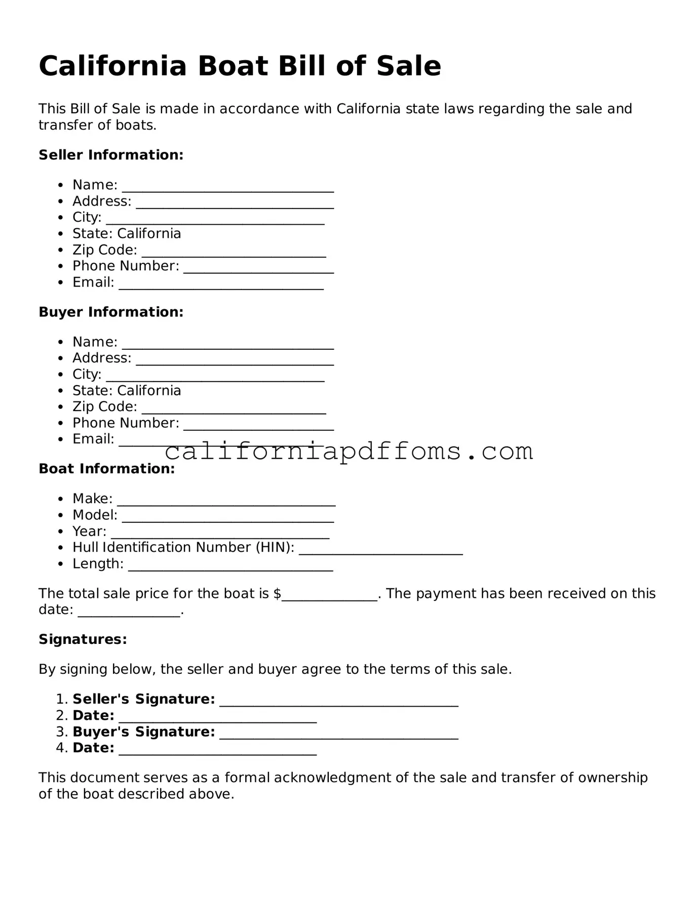 Blank Boat Bill of Sale Form for California