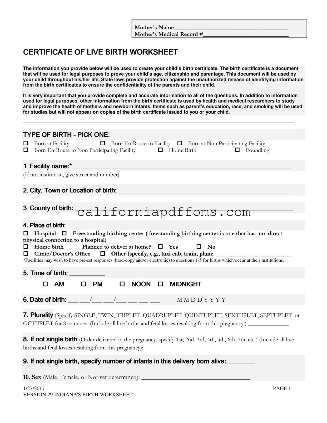 Fill in Your California Birth Certificate Editable Free Template