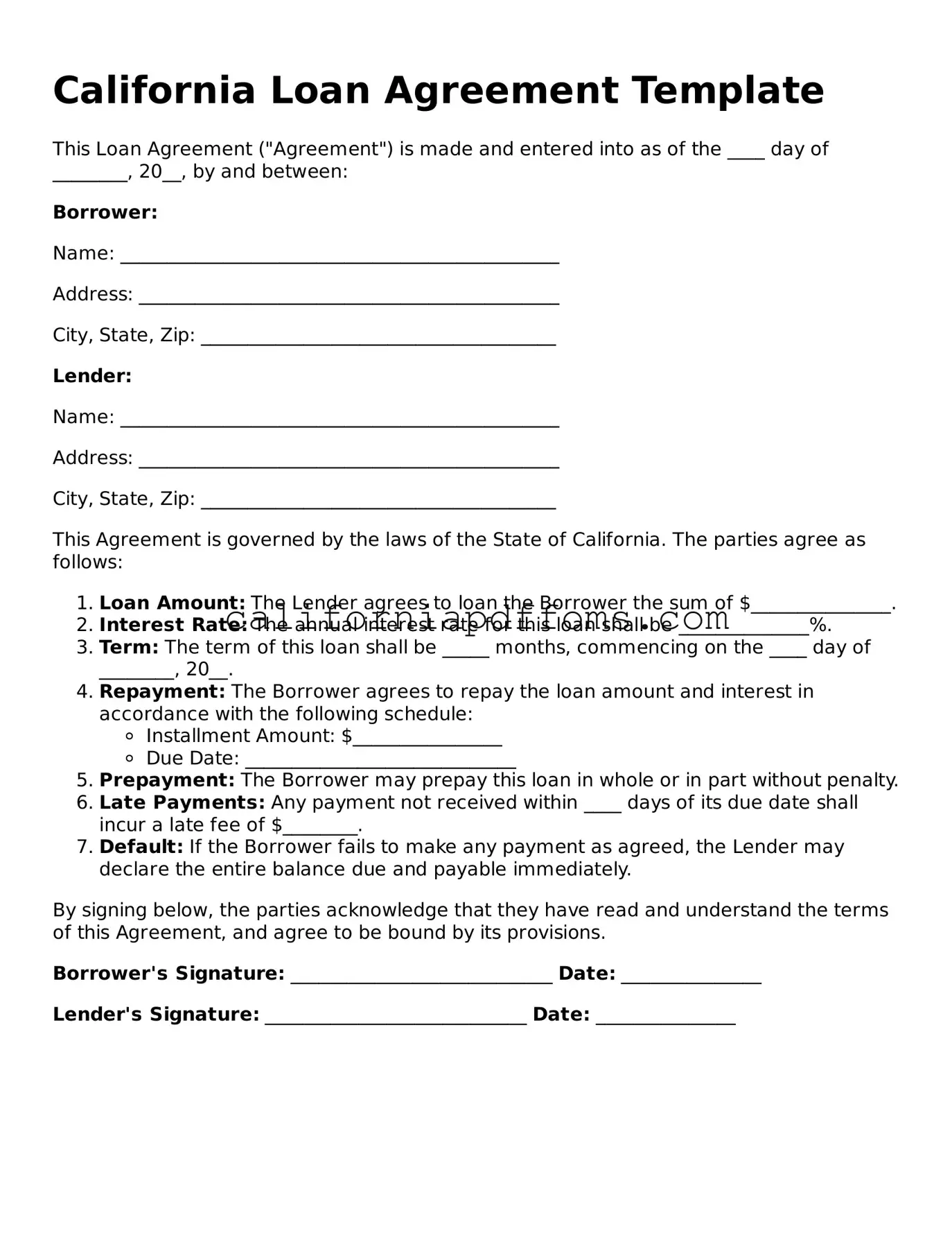Blank Loan Agreement Form for California