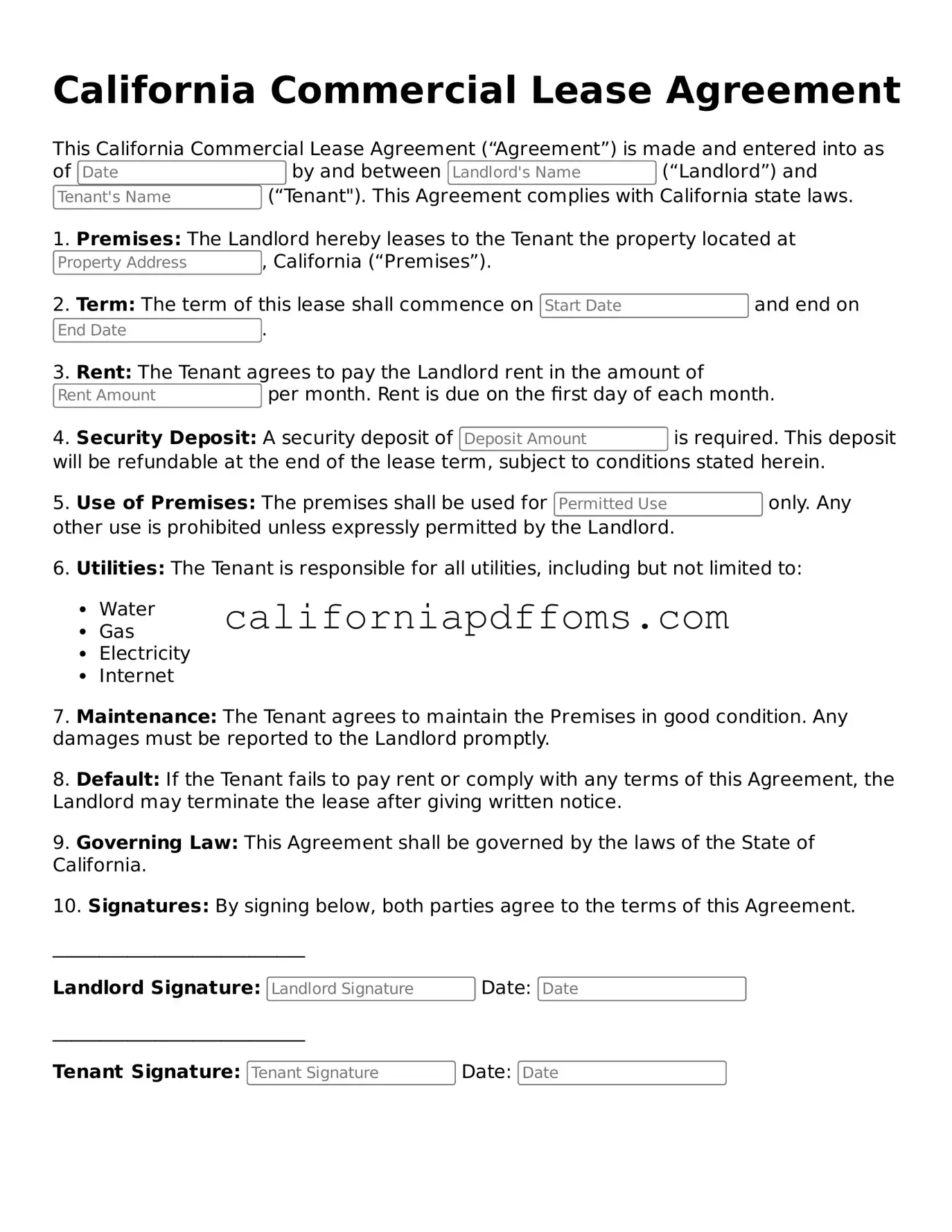 Blank Commercial Lease Agreement Form for California