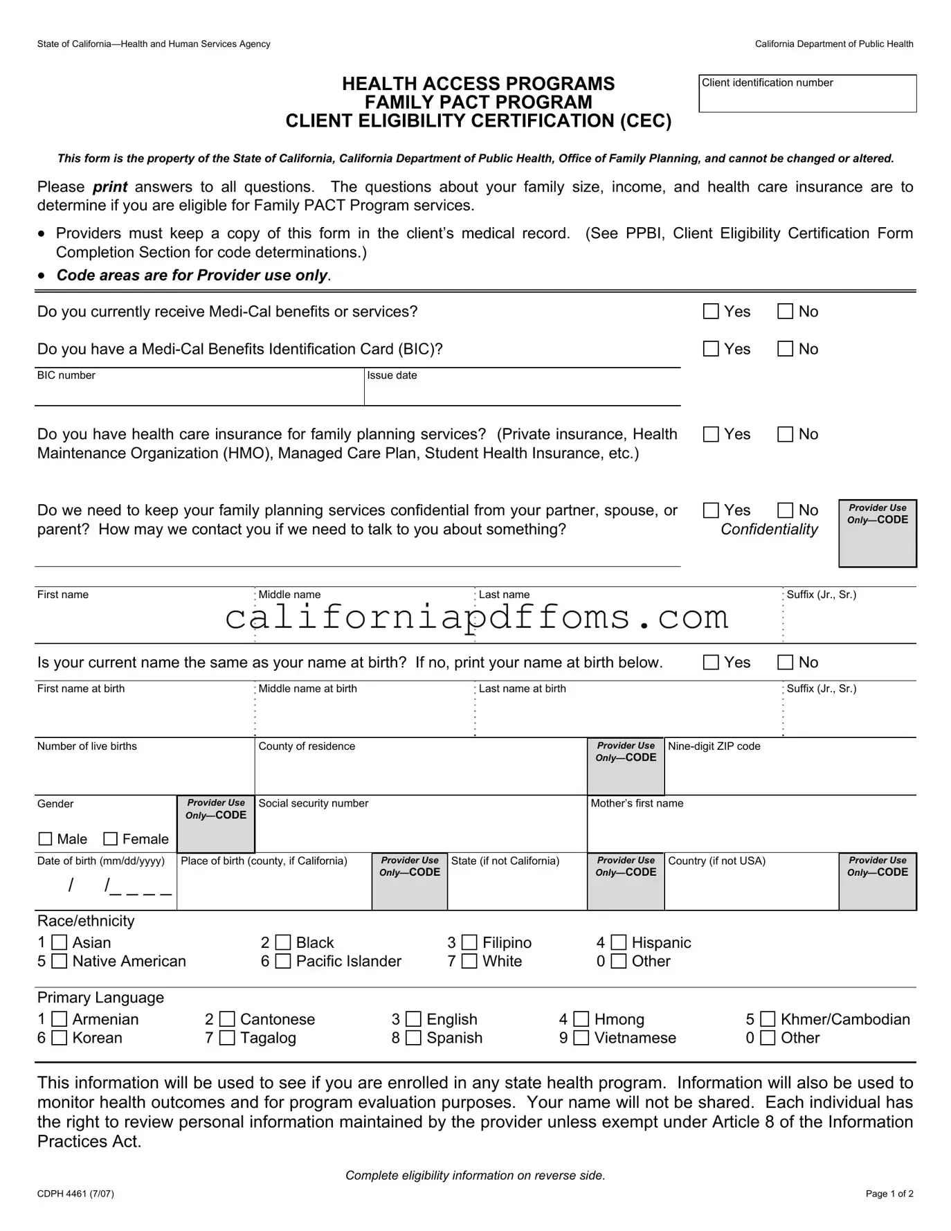 Fill in Your California Cdph 4461 Template