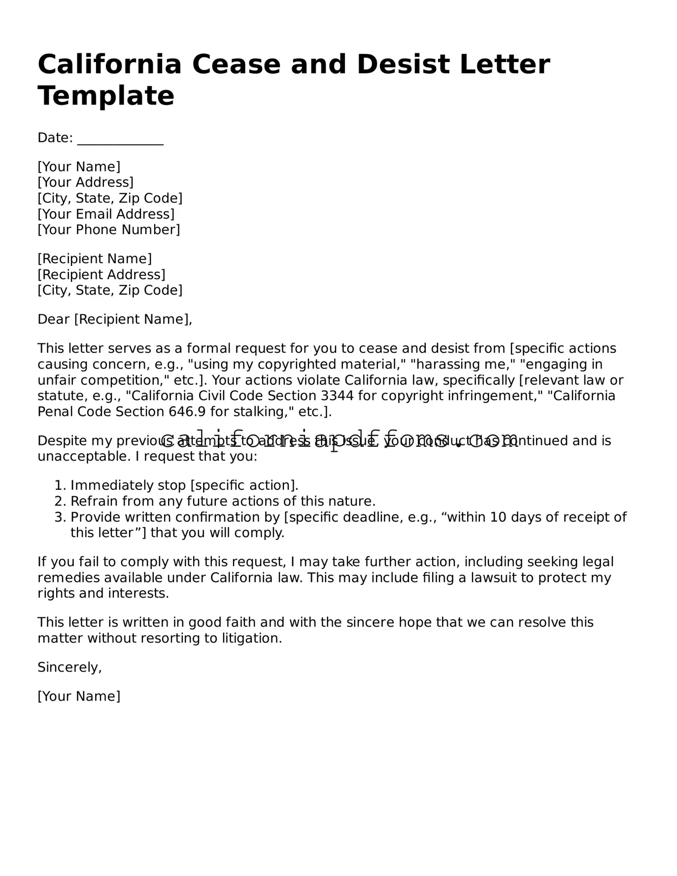 Blank Cease and Desist Letter Form for California
