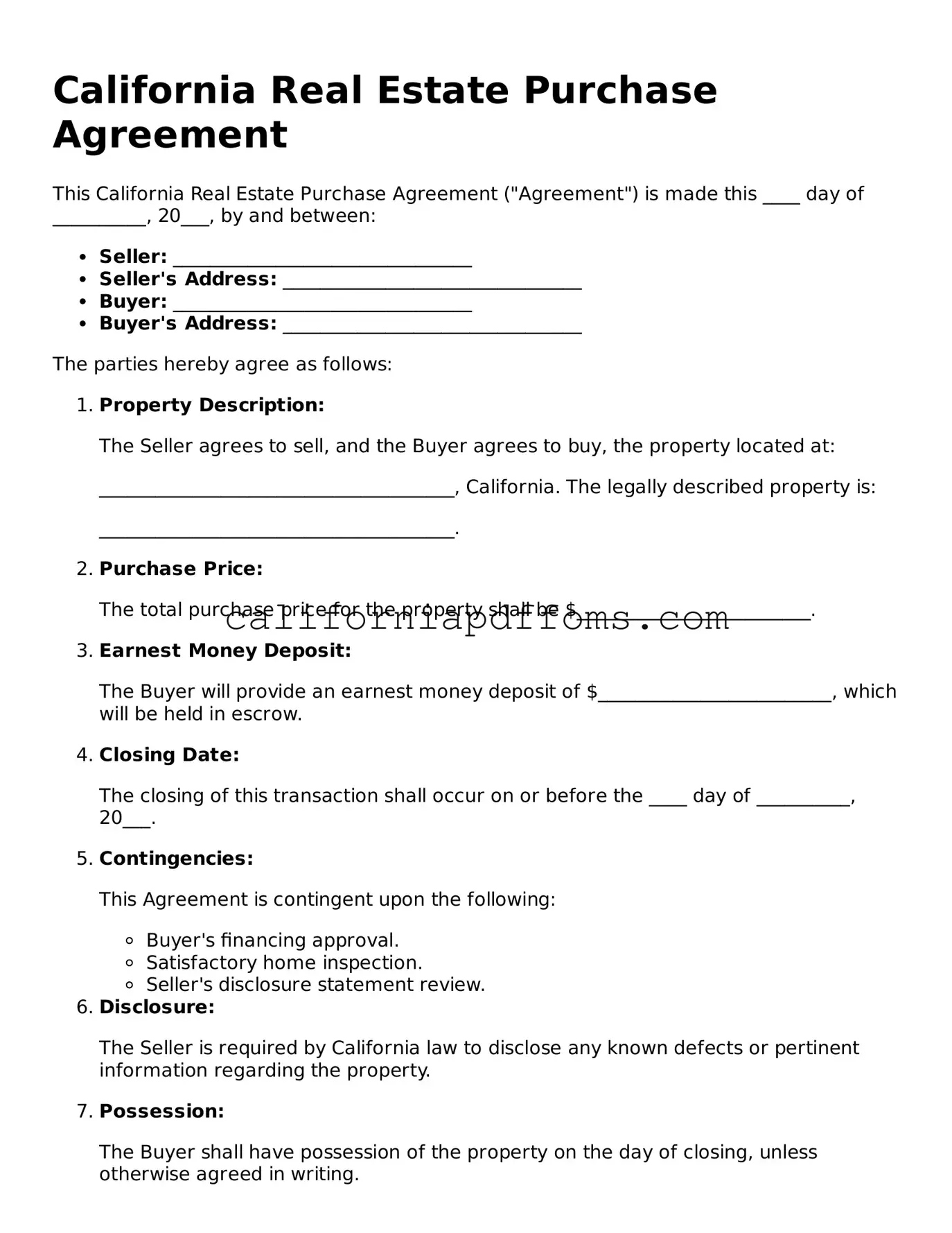 Blank Real Estate Purchase Agreement Form for California