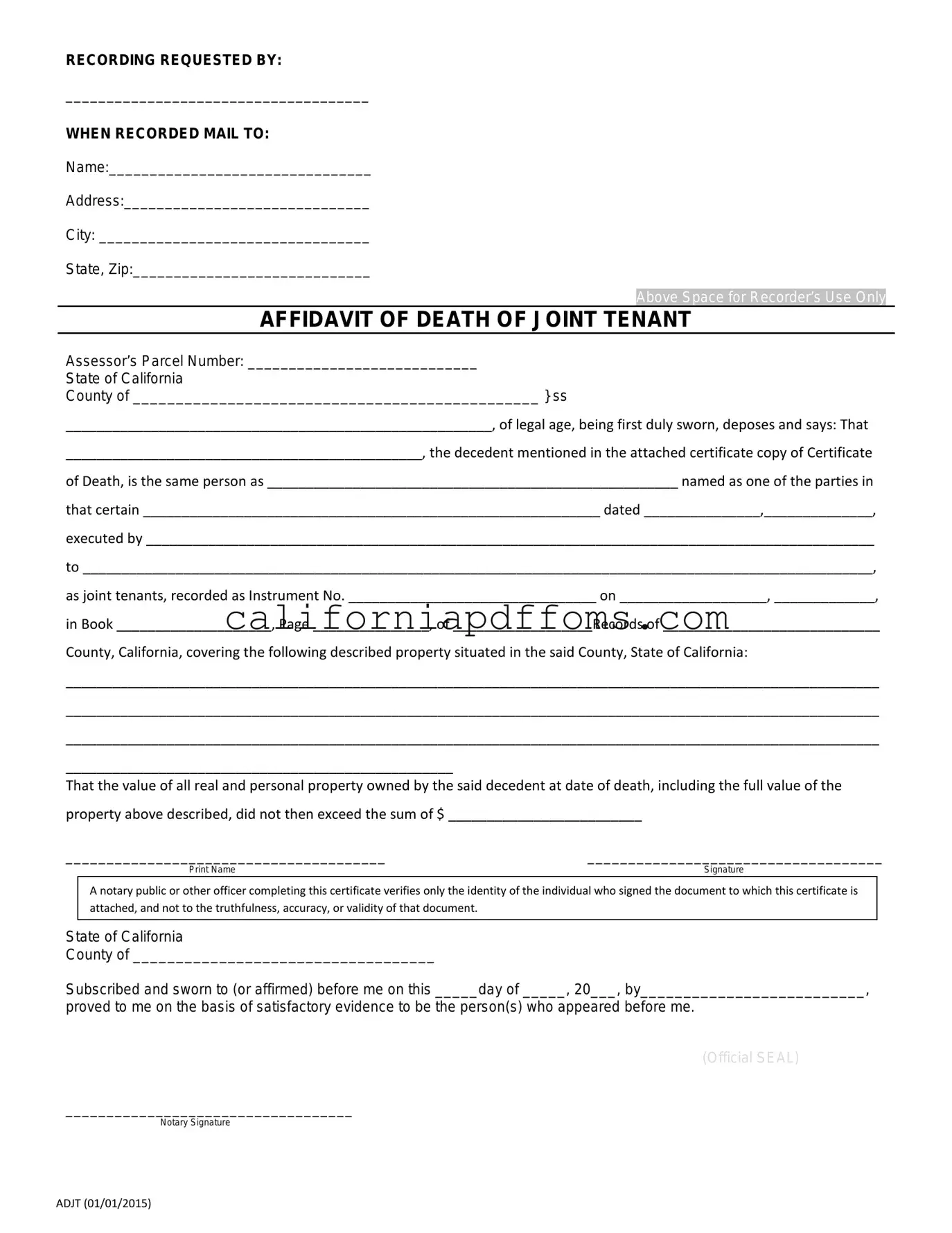 Fill in Your California Death of a Joint Tenant Affidavit Template