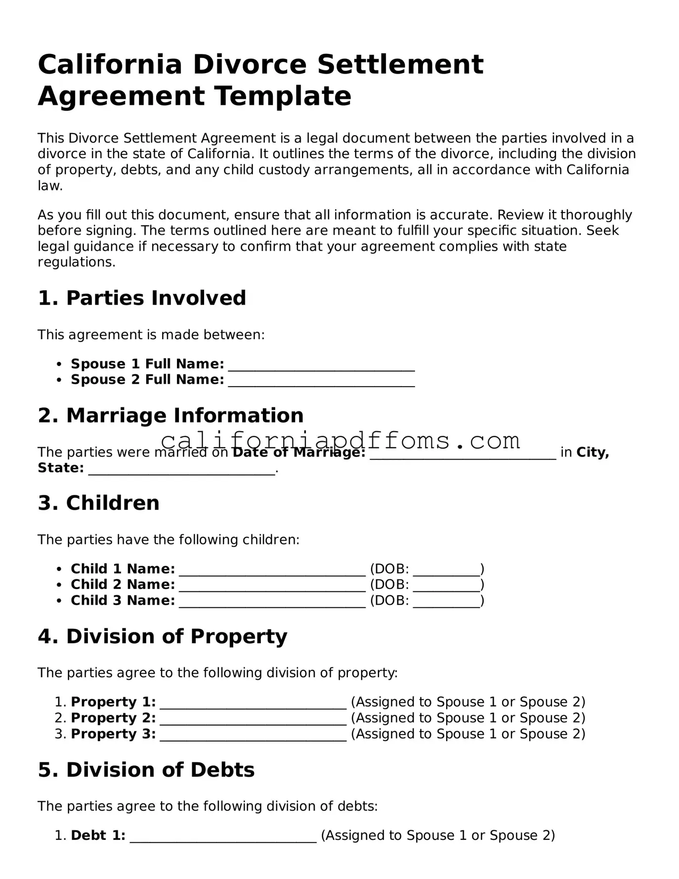 Blank Divorce Settlement Agreement Form for California