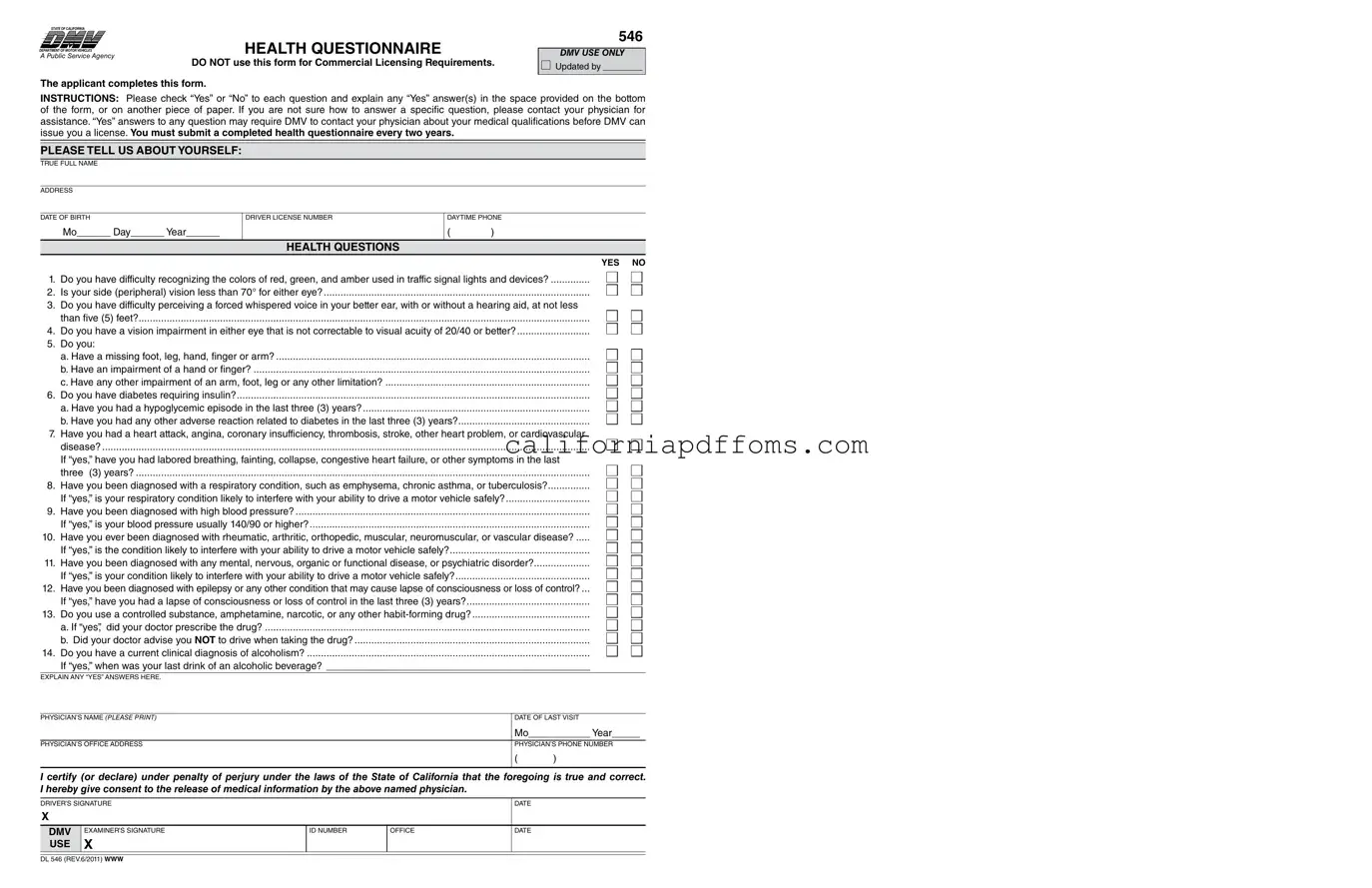Fill in Your California Dmv Dl 546 Template