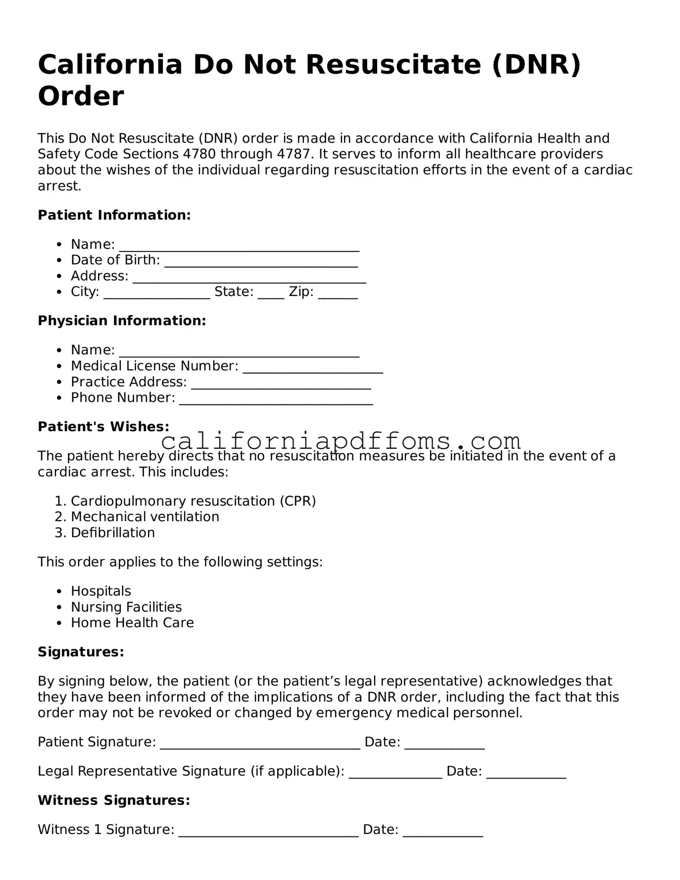 Blank Do Not Resuscitate Order Form for California
