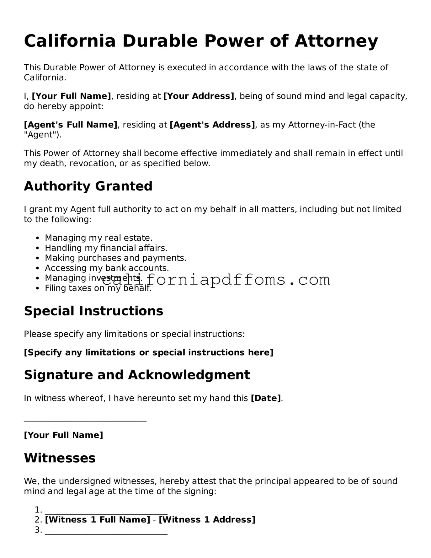 Blank Durable Power of Attorney Form for California