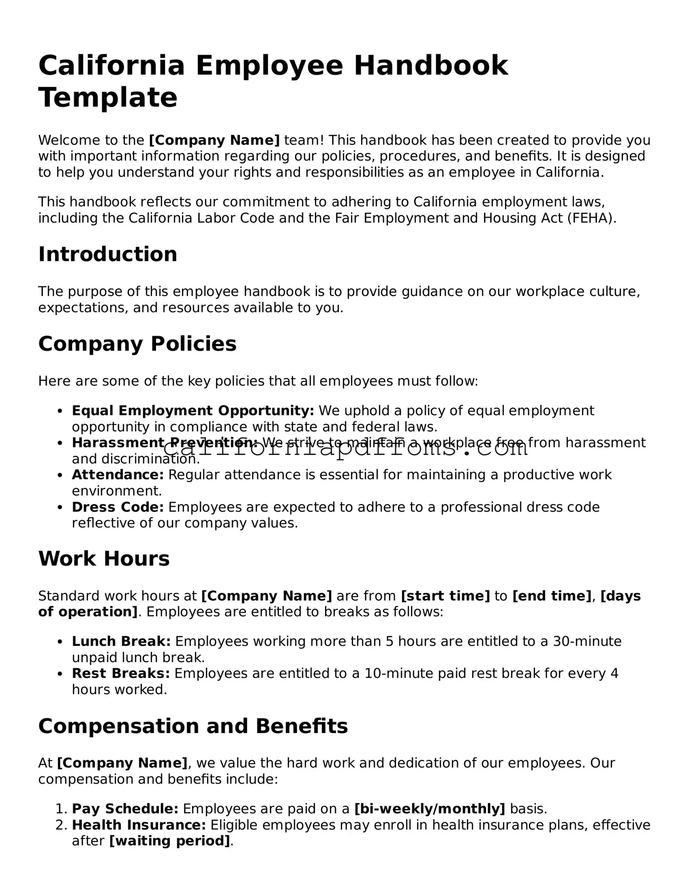 Blank Employee Handbook Form for California
