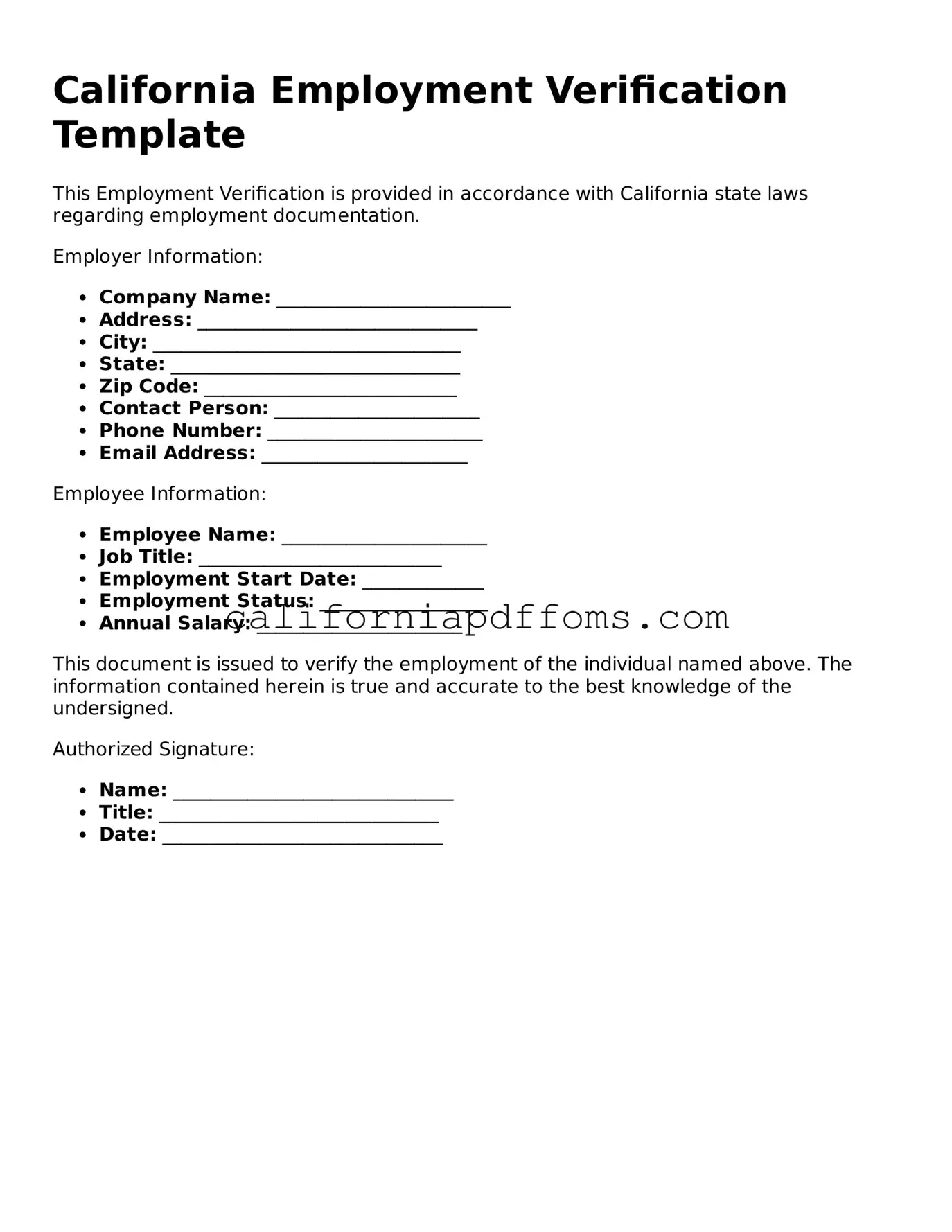 Blank  Employment Verification Form for California