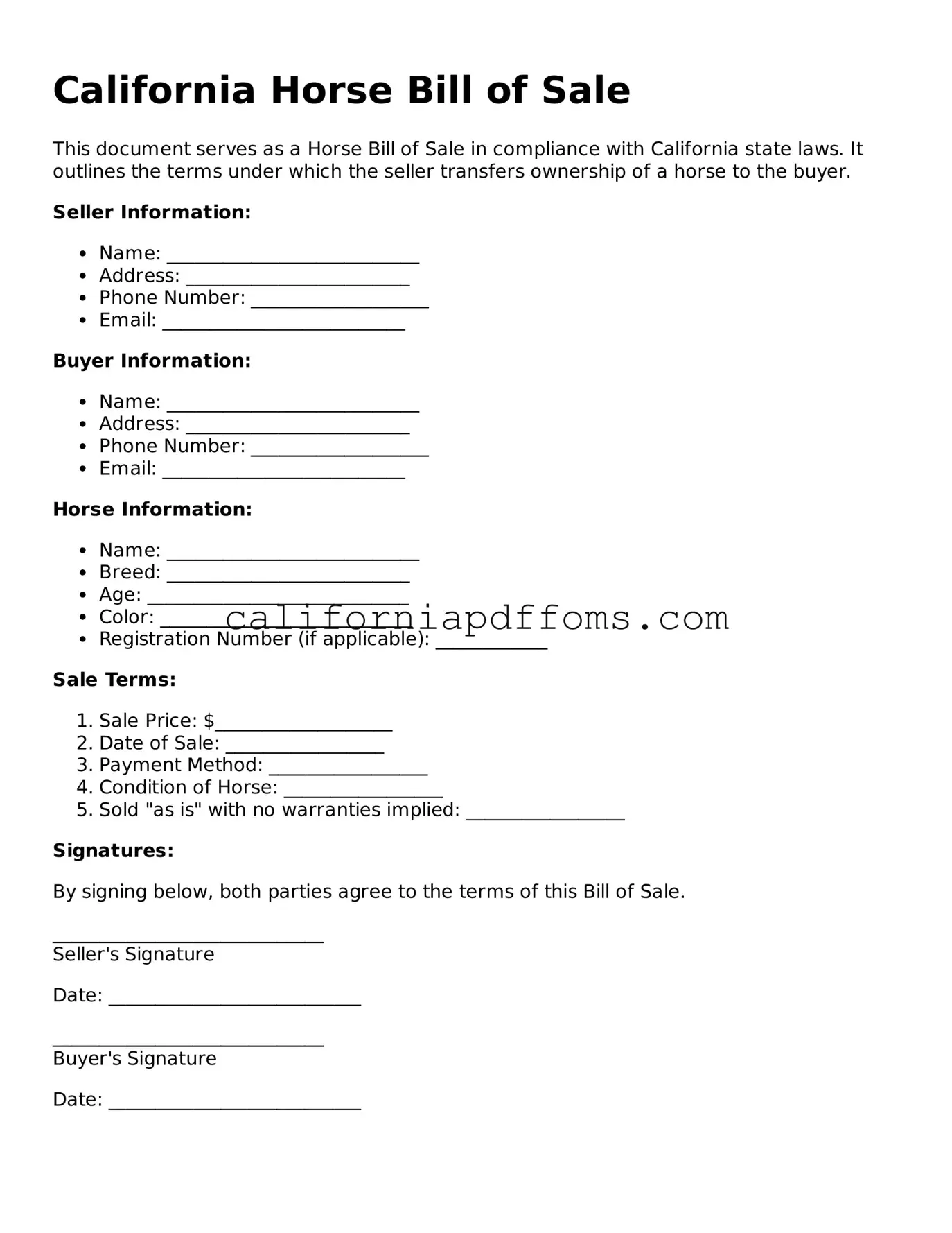 Blank Horse Bill of Sale Form for California