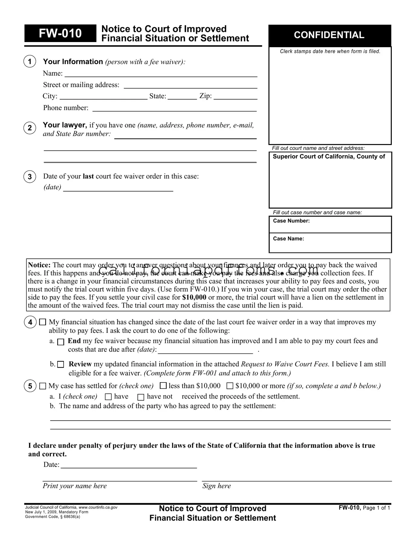 Fill in Your California Fw 010 Template