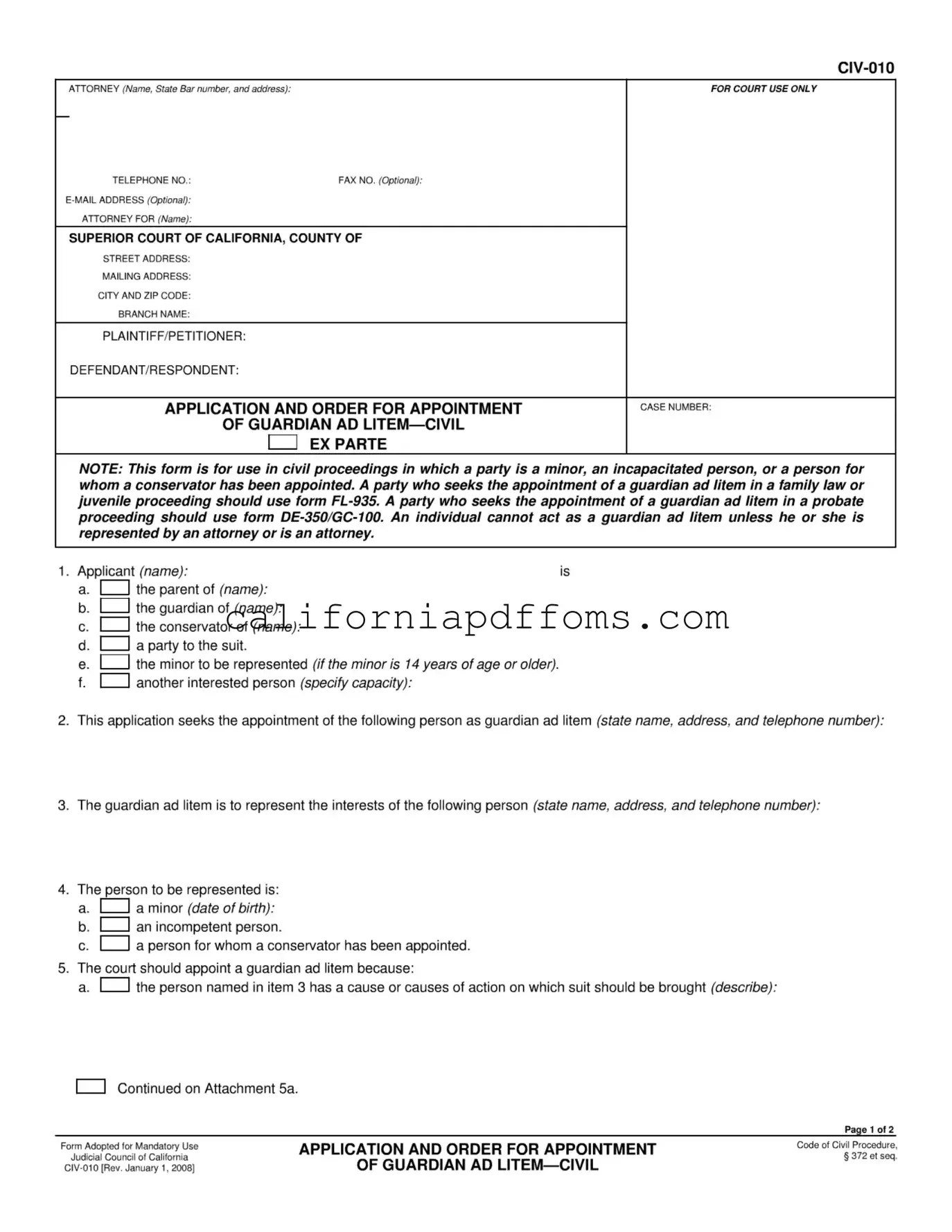 Fill in Your California Guardian Litem Template