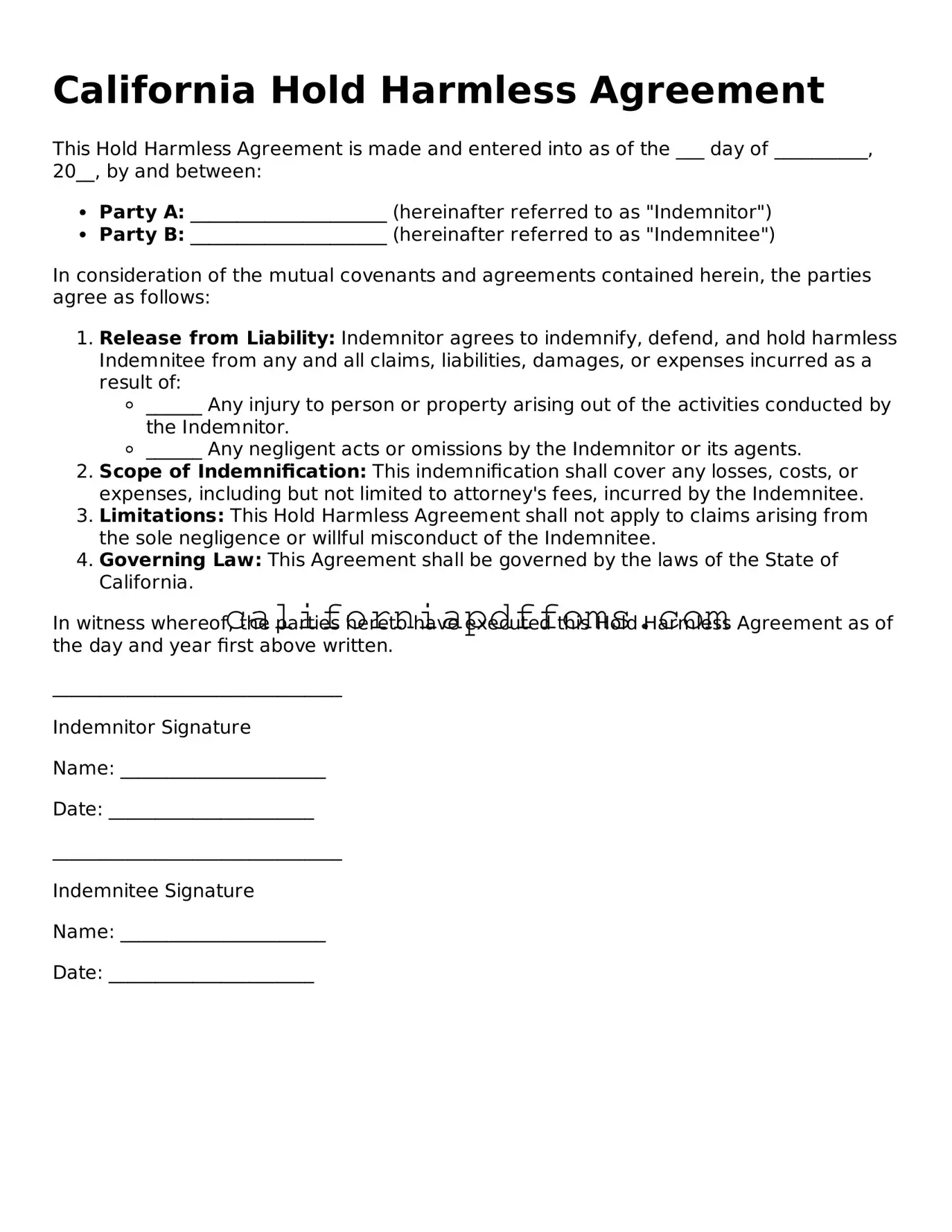 Blank Hold Harmless Agreement Form for California