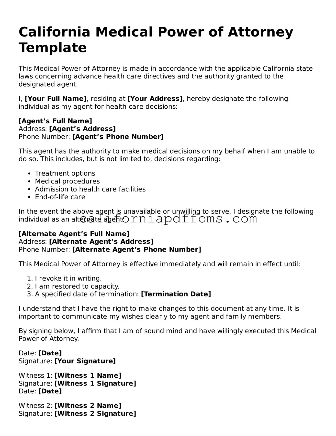 Blank  Medical Power of Attorney Form for California
