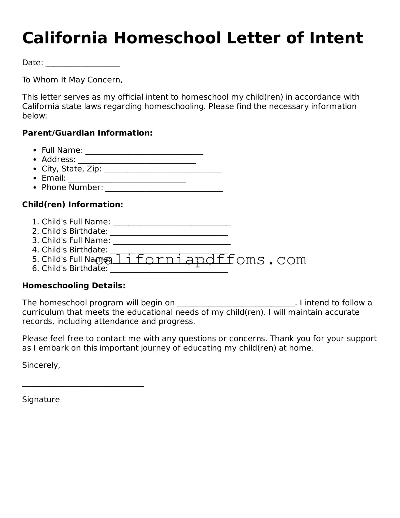 Blank Homeschool Letter of Intent Form for California