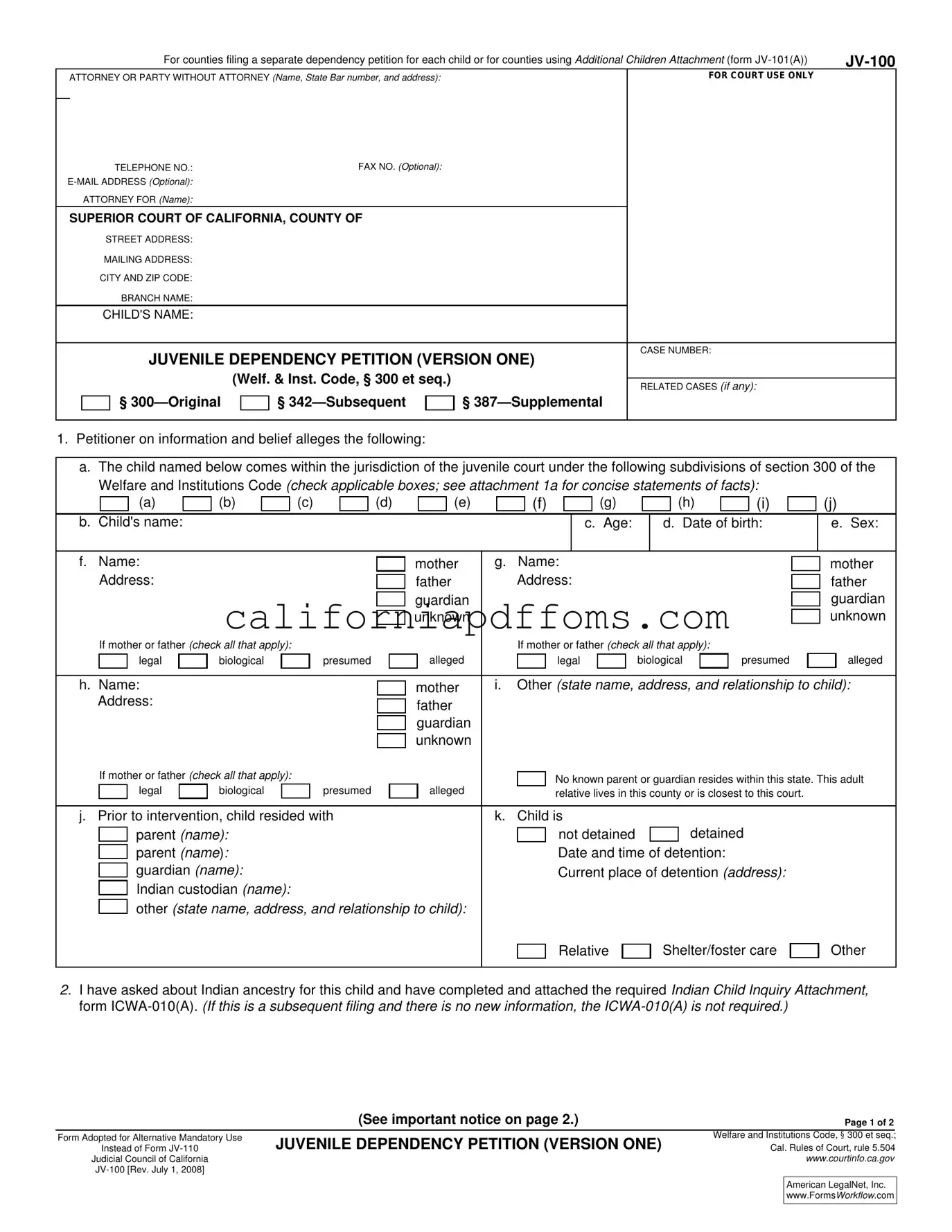 Fill in Your California Jv 100 Template