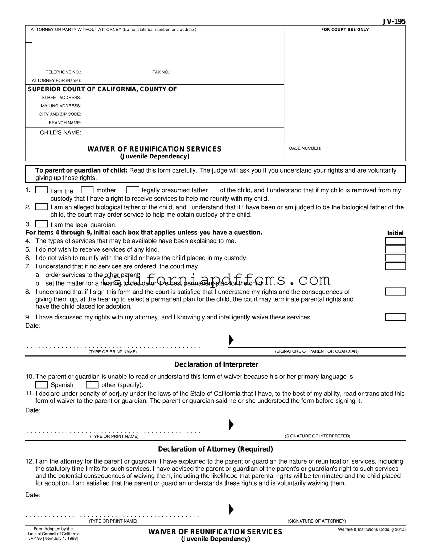 Fill in Your California Jv 195 Template